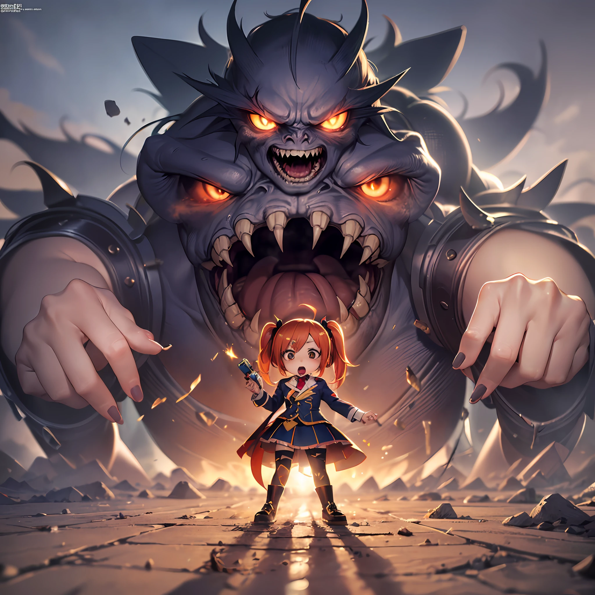 (award winning 8k official art:1.3) of (mad giant zombie (chibi:1.1) gtsgiga, open mouth, monstrous, breaking:1.3), angry, kawaii, cute colors, ferocious, good fingers, night, extremely detailed background, sweet, front, epic, (masterpiece:1.4), (best quality:1.4), Amazing, beautiful, finely detailed, (Depth of field:1.4), extremely detailed 8k, stunning, (light reflections:0.5), (crisp:1.5), red twin tails, vibrant, (edge detection:1.2), absurdres, impressive, 120mm, clear, powerful