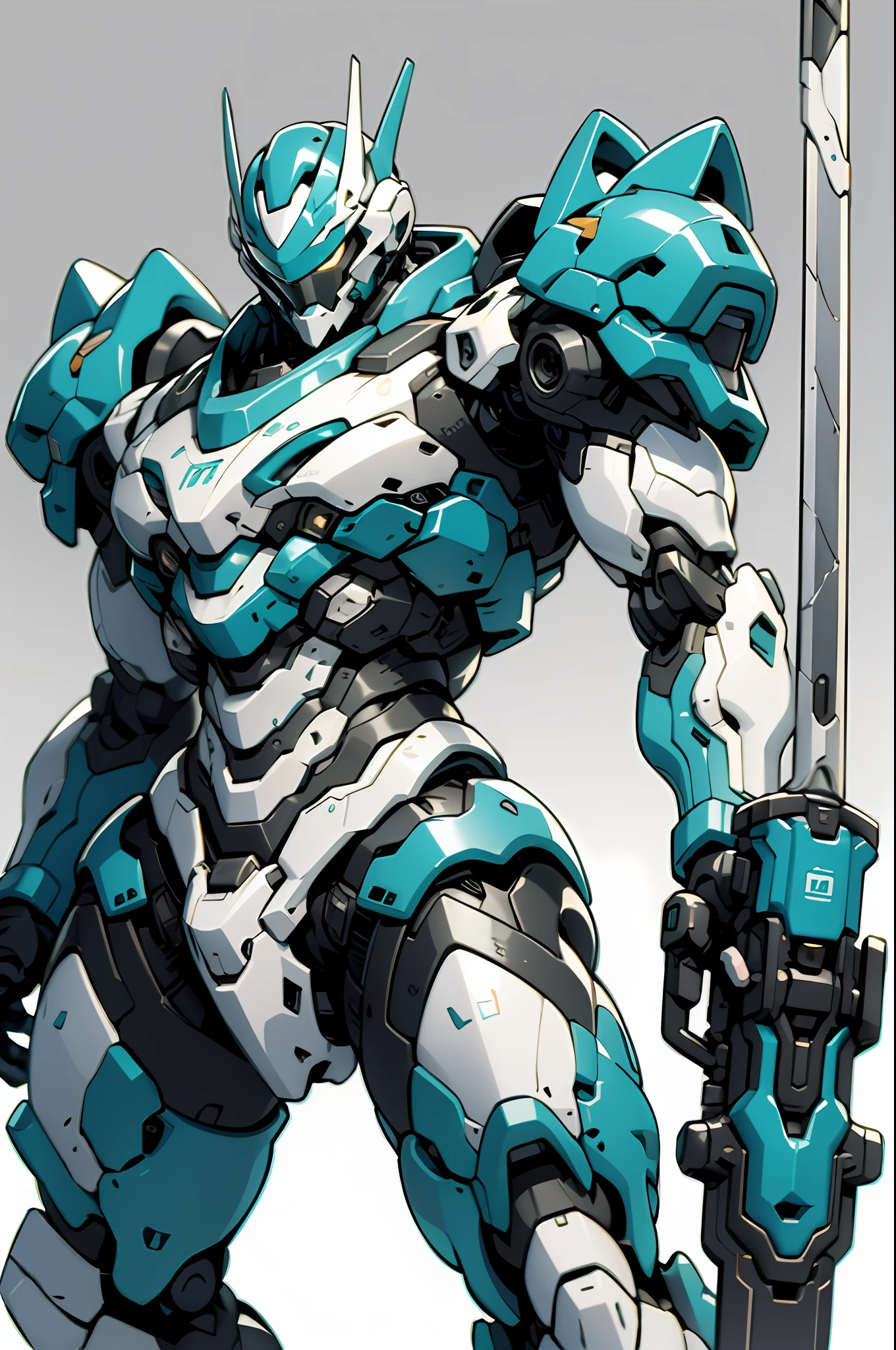Teal and white theme,Cyan and white background,Tall mech,Blue-white mech,High-tech helmet,Simple appearance,muscular plump,holding a longsword,Aggressive posture
