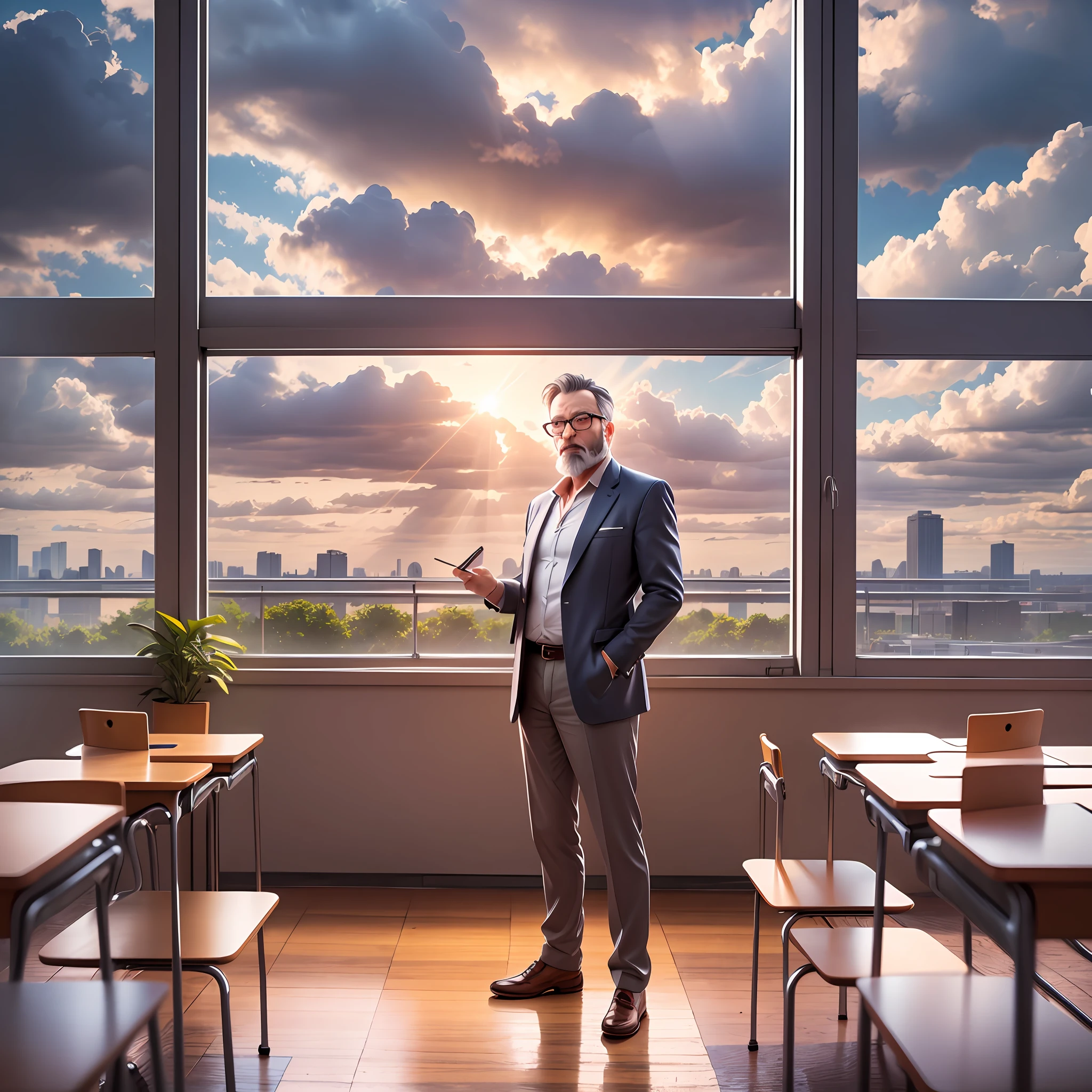 rains，Clouds，sunrays，highway，a man, looking 50 years old, teacher, with beard, and glasses, in a classroom，full full body，Rich colors，chibi