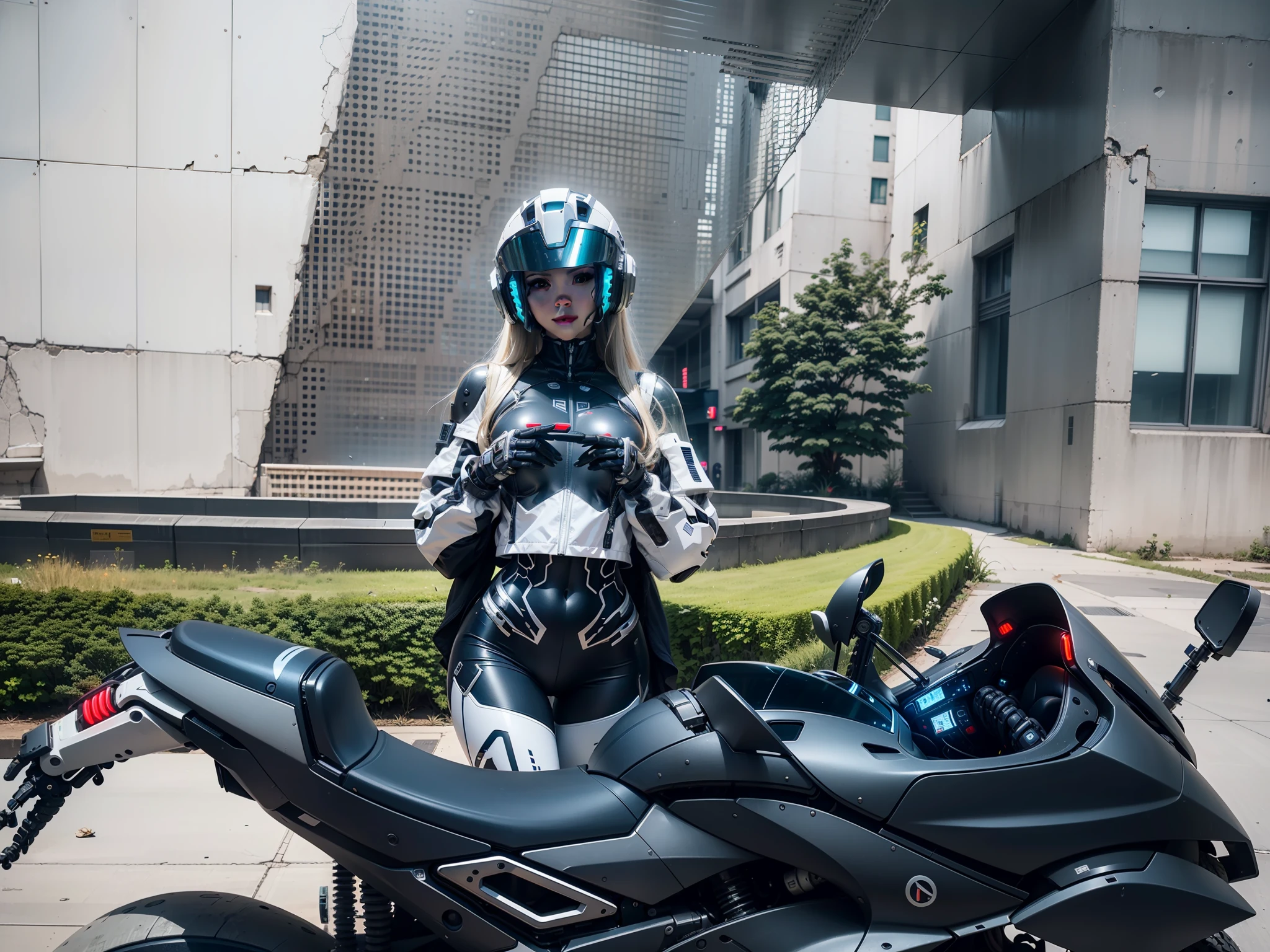 Sexy Cyber Warrior，Long flowing blonde hair，White cyberpunk high-tech mech costume，White cyberpunk faceless helmet，Biomechanicals， MSHN Robot Woman，High-tech helmet，hyper realisitc， Steel， Complex design， insanely details， finely detailled， Extremely clear lines， cinmatic lighting， photograph realistic， A detailed masterpiece