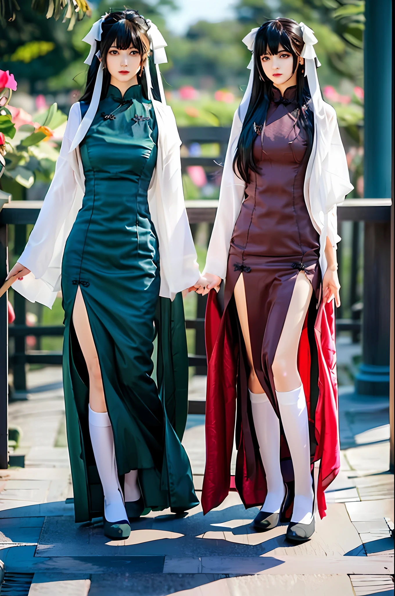 There is a girl in a green dress, plum blossoms, palaces, oriental architecture ray tracing, {best quality}, {{masterpiece}}, extremely detailed 8K wallpaper, {an extremely delicate and beautiful}, colorful, intricately detailed, Realistic, real, camera quality, (detailed depiction of clothes), cool white skin, (detailed depiction of blush), 1080p, sun, soft cuteness, smooth light silver hair, messy beauty, lighting, broken feeling, bright and silky skin , 3D stereoscopic, masterpiece, best quality, super fine illustration, beautiful eyes, very fine light, fine glow, very fine 8K CG wallpaper, peach eyes, red pupils, an extremely delicate and beautiful girl, 8k Wallpaper, best quality, full body close-up, white long dress, luxurious silky bright red chiffon floodlight (magic, glitter, ultra-thin, soft,) Hanfu