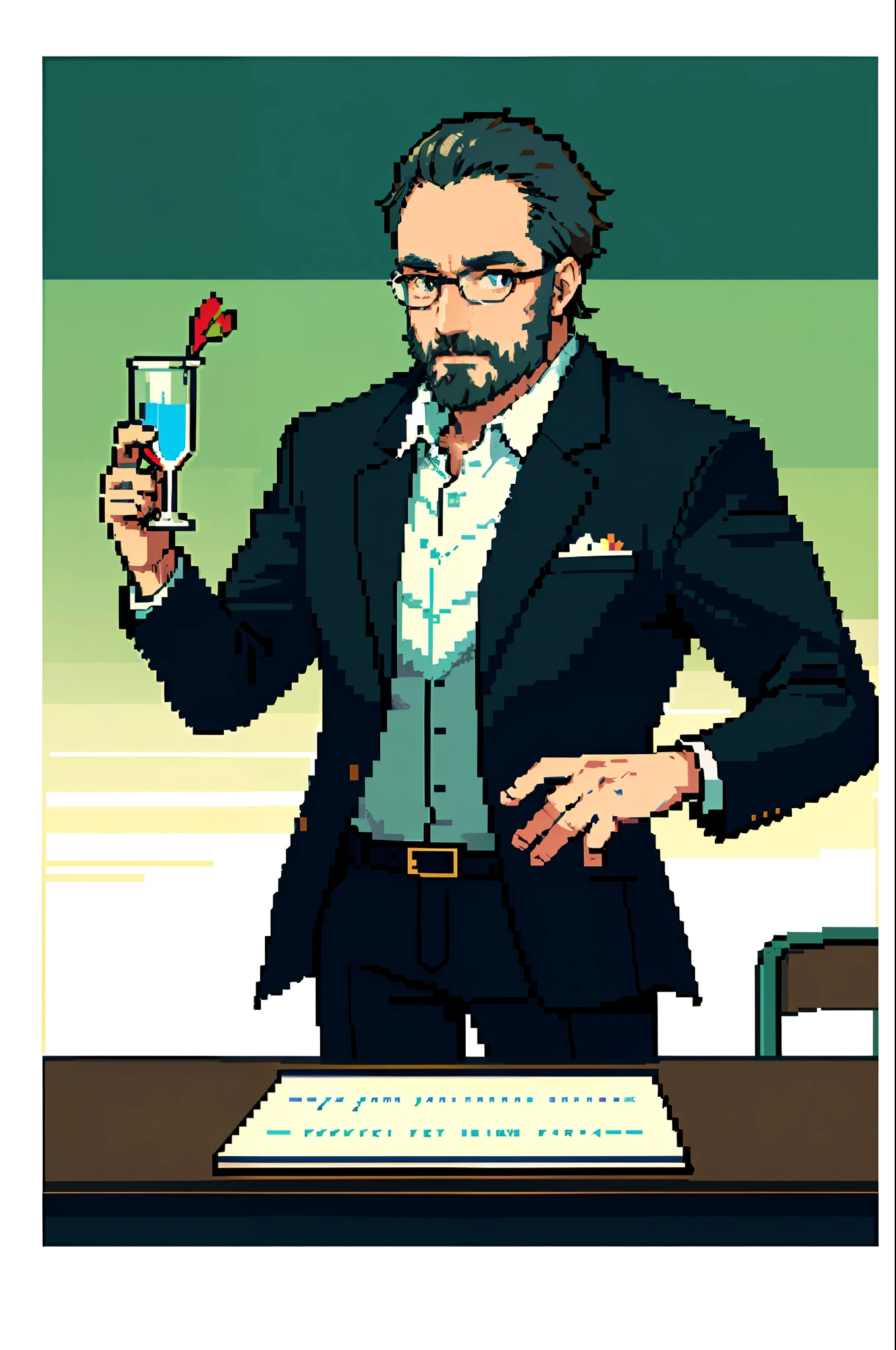 a man, looking 50 years old, teacher, with beard, and glasses, in a classroom, and in his hands a large transparent and empty glass juge, (masterpiece, top quality, best quality), pixel,pixel art
