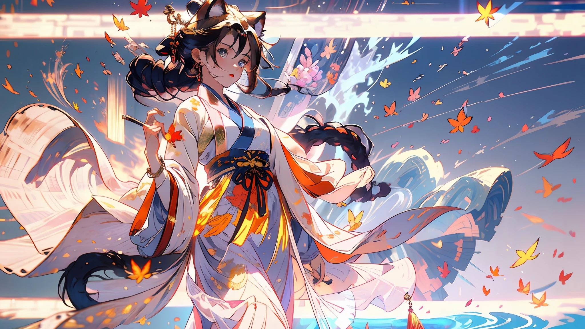 Exquisite facial features,Nice face,best qualtiy,tmasterpiece,ultra - detailed,Maple leaves fall,starlight embellishment,one-girl, Ancient Chinese clothing,National style background,Cat-cat anthropomorphism,bell,brunette color hair,Cat ears,cat paws,a cat tail,butterflys,The barefoot,独奏,hair adornments,sitted,Hanfu,Hanfu,Anklets,leafs,the fruits,jewelry,White background,longer sleeves,simplebackground,food,grapes, full bodyesbian, single hair bun,, hair stick, Wide sleeves, hair-bun, ssmile, intersection, looking at viewert, long whitr hair, Keep your mouth shut, putting hand up, florals, Take the leaves, A piano