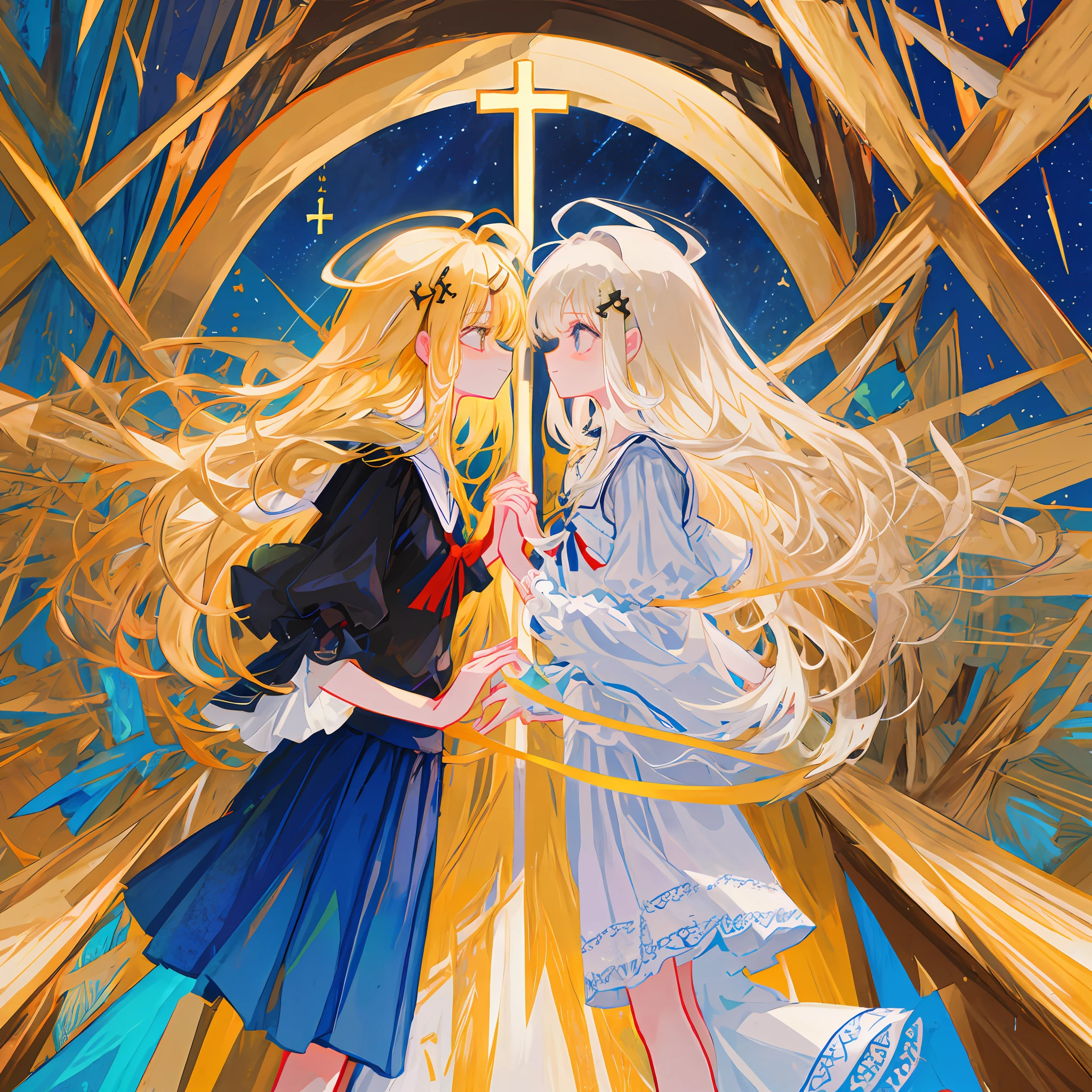 profile,full body,perspective,starry sky,clusters of stars,starry sky,glinting stars,,church,extremely detailed CG unity 8k wallpaper,detailed manga illustration,highres,game cg,angel,petite,dragon girl,ta fashion,blonde hair,blonde_hair/yellow_eyes,eye contact,pray,own hands clasped,anklet,beautiful_face,beautiful detailed eyes,closed eyes,shoulder cutout,loliothic,Organza lace,Long skirt,white pantyhose,hair ribbon,halo,garter,hair ornament,cross necklace,flat_chest,poorly drawn asymmetric eyes,best quality, masterpiece, highres, original, extremely detailed wallpaper,an extremely delicate and beautiful,ray tracing,Clear picture,masterpiece,beautiful detailed sky,ahoge,