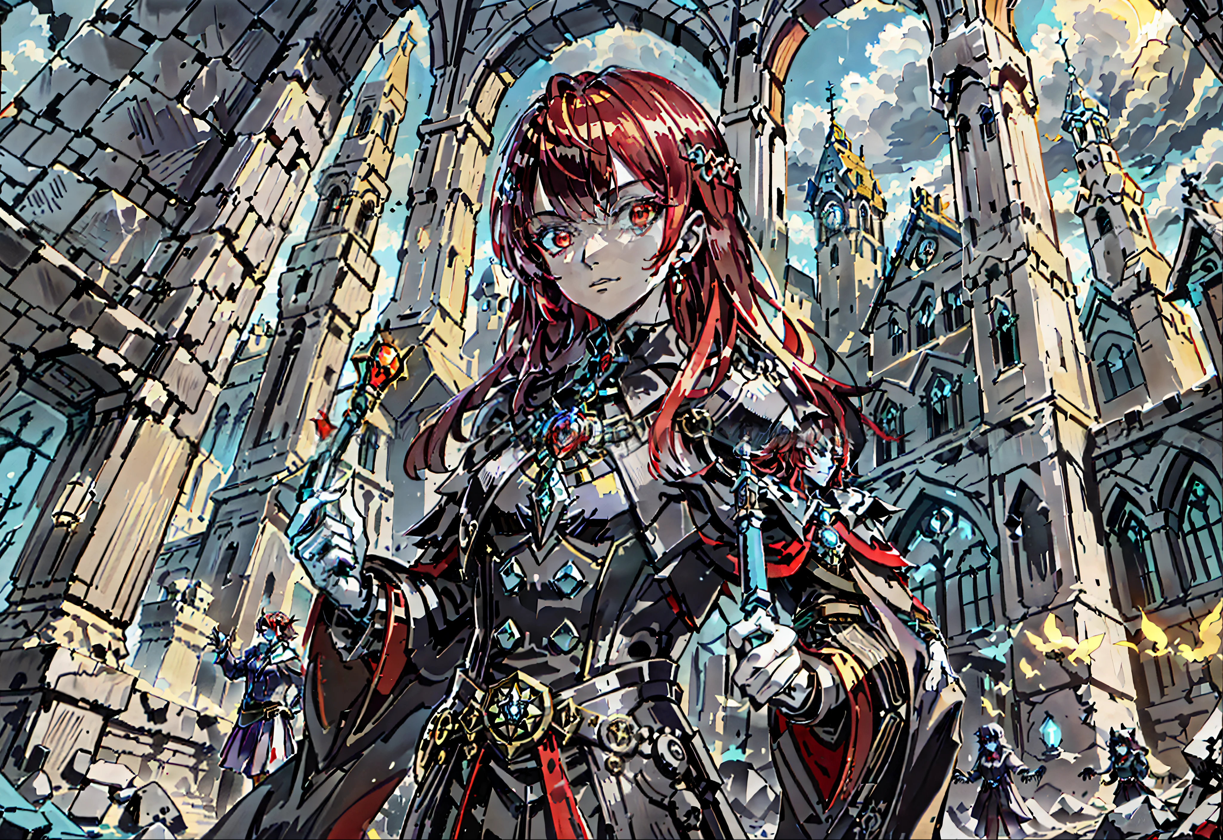 Red-haired witch,Wear magic robes,Gorgeously dressed,There is a mysterious creature in the background,The characters look very wealthy,The picture has a sense of sacredness,Characters take up one-sixth of the picture,There is a Gothic-style castle in the background,The character temperament is gloomy,Human Hand Held Magic Wand,The contrast between light and shadow is obvious,The scene is grand