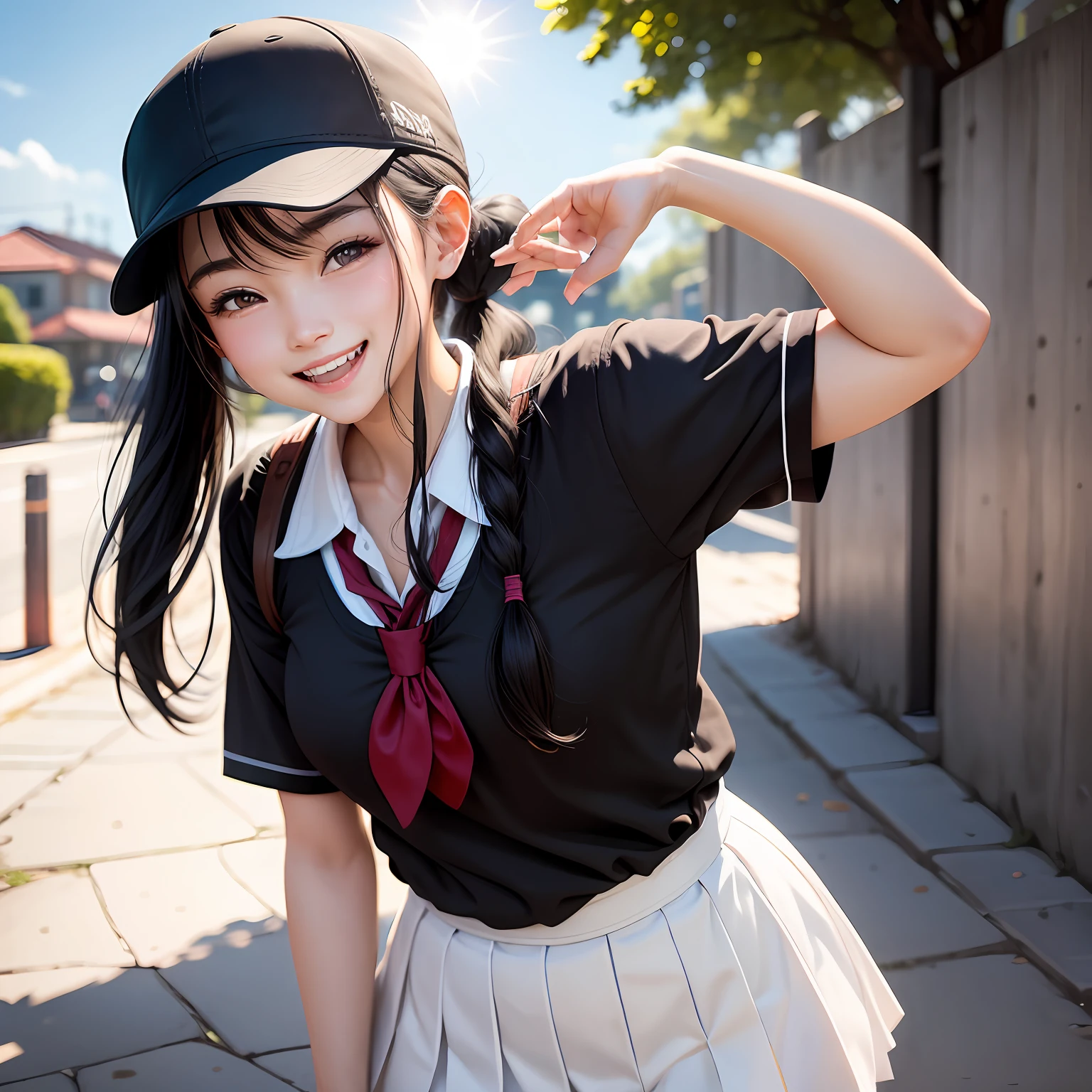 girls，Black hair，High ponytail，laughing very happily，Turn your back to the sun，There is sunlight，Smile and bend your eyes，White skin，wearing hat，Hand on top of the hat --auto