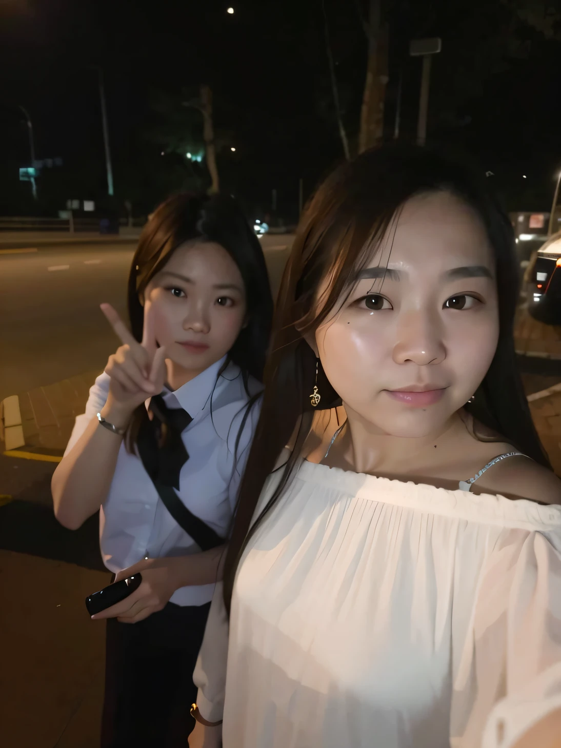 They are two Asian women posing for photos in the street, Student, 8k selfie photograph, Ruan Jia and Fenghua Zhong, nixeu and sakimichan, low quality photo, very very low quality picture, night photo, jaeyeon nam, taken with the best dlsr camera, very very low quality, shot on gopro9 --auto