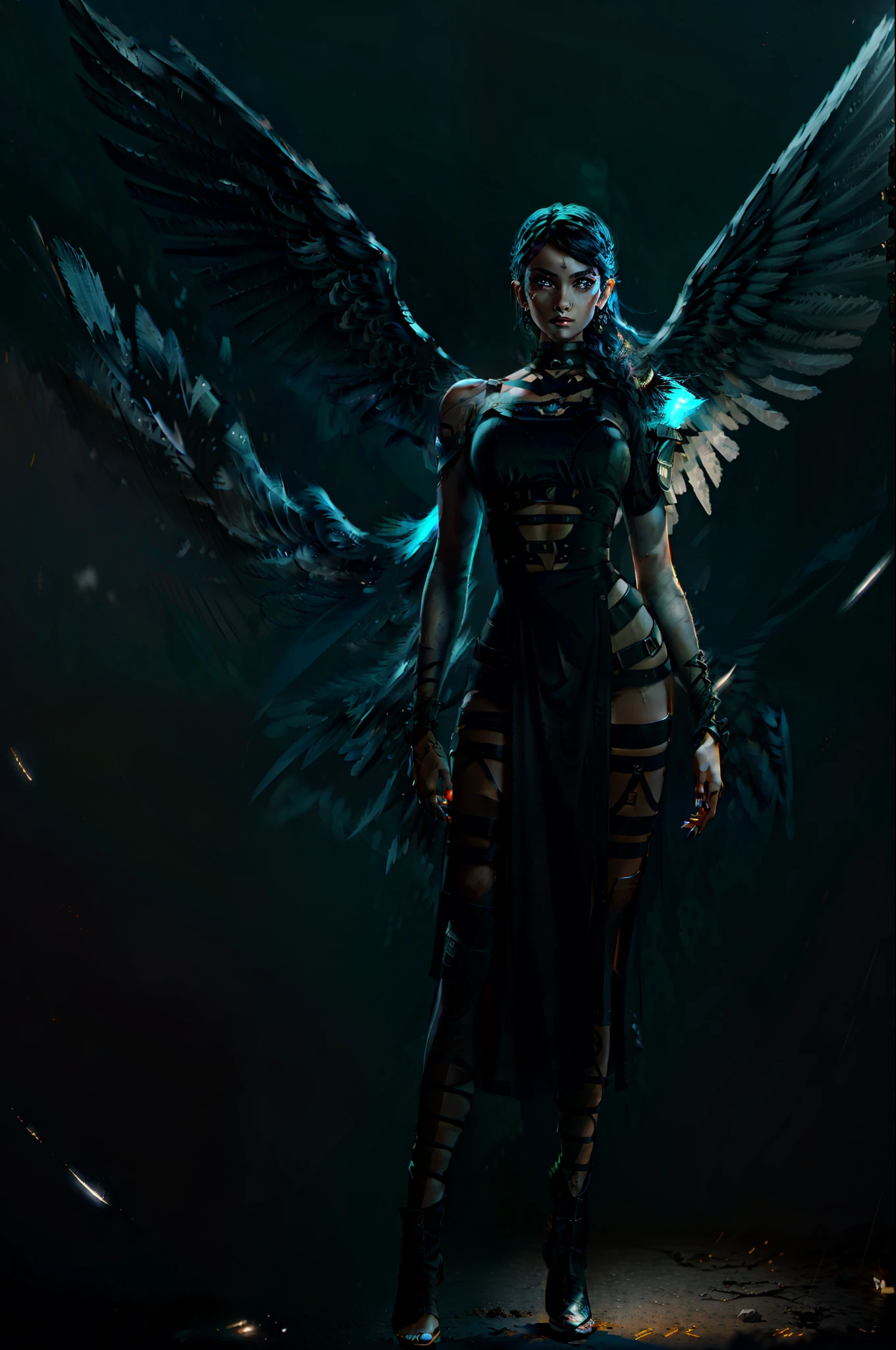 (a woman with wings on her body and a black dress), (hand well), (finger well), (long braided hair), (bangs), funky pose, with in frame, ultra-detailed, 8k, masterpiece, (volumetric lighting), beautiful detailed eyes, (ambient light), realistic shadows, (fullbody:1), (1girl), (cowboy shot), looking at viewer, perfect body, body well:1, leg well:1, arm well:1