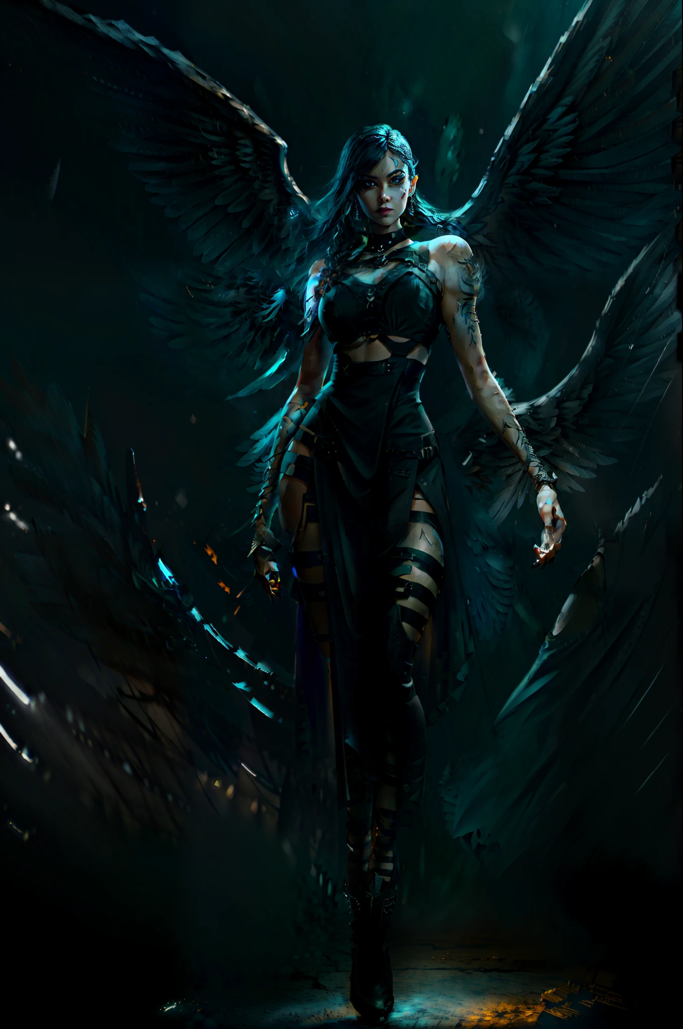 (a woman with wings on her body and a black dress), (hand well), (finger well), (long braided hair), (bangs), funky pose, with in frame, ultra-detailed, 8k, masterpiece, (volumetric lighting), beautiful detailed eyes, (ambient light), realistic shadows, (fullbody:1), (1girl), (cowboy shot), looking at viewer, perfect body, body well:1, leg well:1, arm well:1