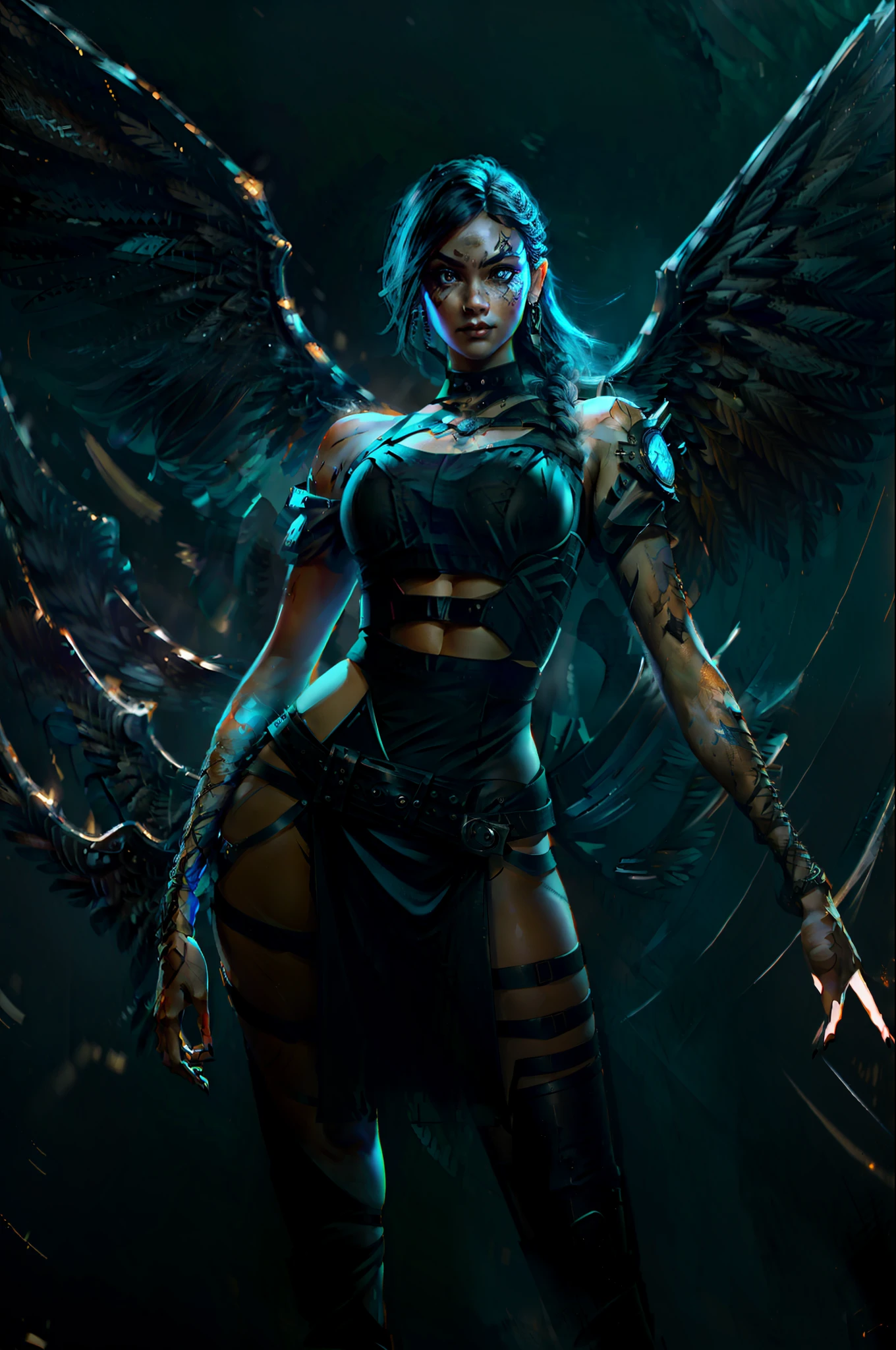 (a woman with wings on her body and a black dress), (hand well), (finger well), (long braided hair), (bangs), funky pose, with in frame, ultra-detailed, 8k, masterpiece, (volumetric lighting), beautiful detailed eyes, (ambient light), realistic shadows, (fullbody:1), (1girl), (cowboy shot), looking at viewer, perfect body, body well:1, leg well:1, arm well:1