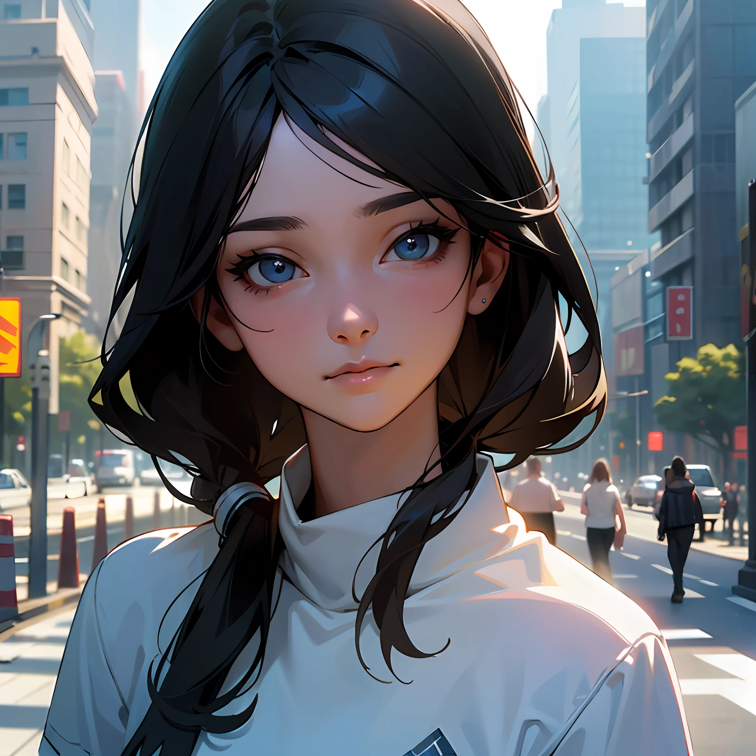 (best qualtiy,tmasterpiece,Realistic lighting:1.1), Female characters, Black Hair Color, leisure wear, Outdoor Scene, the city street, Ultra-fine close-up of faces. --auto
