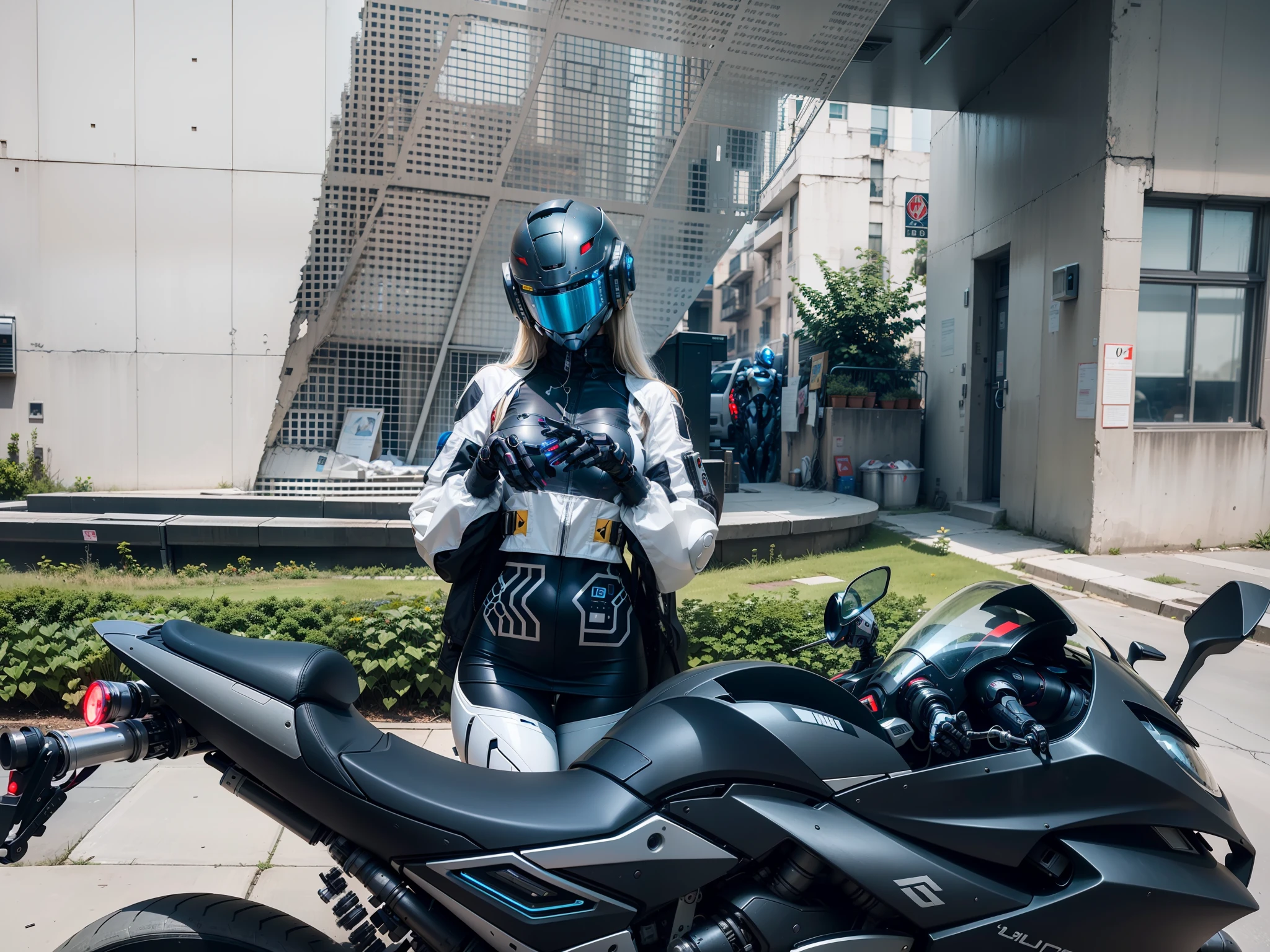 Sexy Cyber Warrior,Long flowing blonde hair,White cyberpunk high-tech mech costume,White cyberpunk faceless helmet,Biomechanicals, MSHN Robot Woman,High-tech helmet,hyper realisitc, Steel, Complex design, insanely details, finely detailled, Extremely clear lines, cinmatic lighting, photograph realistic, A detailed masterpiece