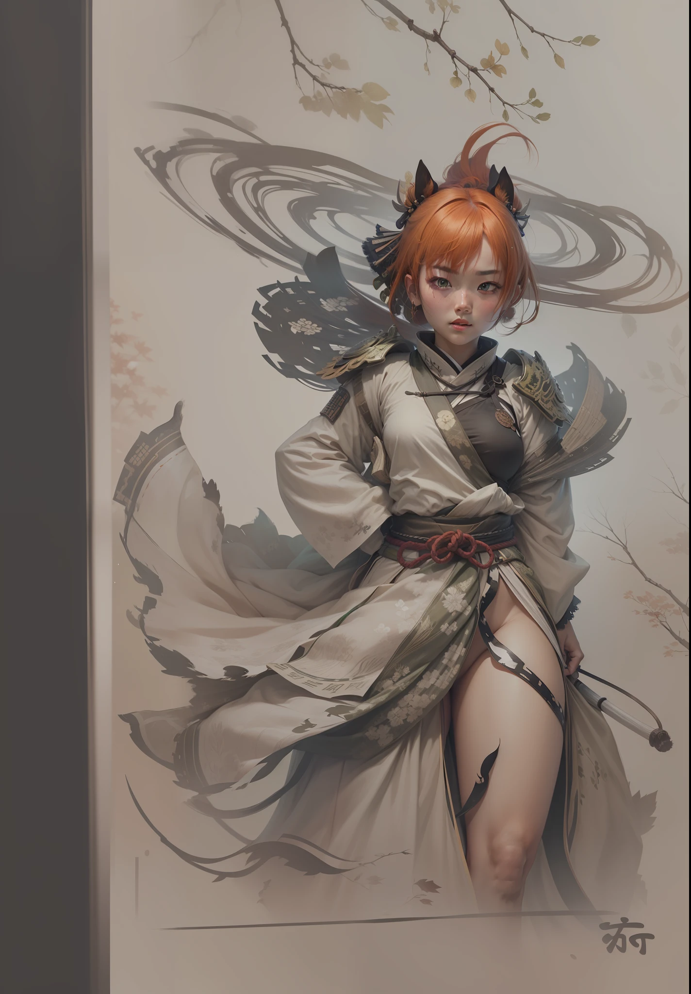 The upper part of the body，1girl，Orange hair，horse tailed，Green pupils，（Samurai Uniform），，flatchest，围巾，Wallpapers，National style，Maple tree background，light particules，Green fire，