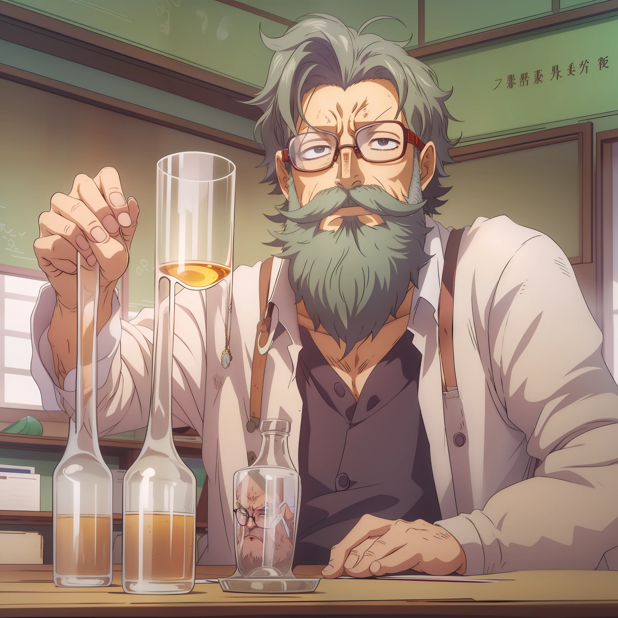 a man, looking 50 years old, teacher, with beard, and glasses, in a classroom, and in his hands a large transparent and empty glass juge, ((one Piece anime art style))
