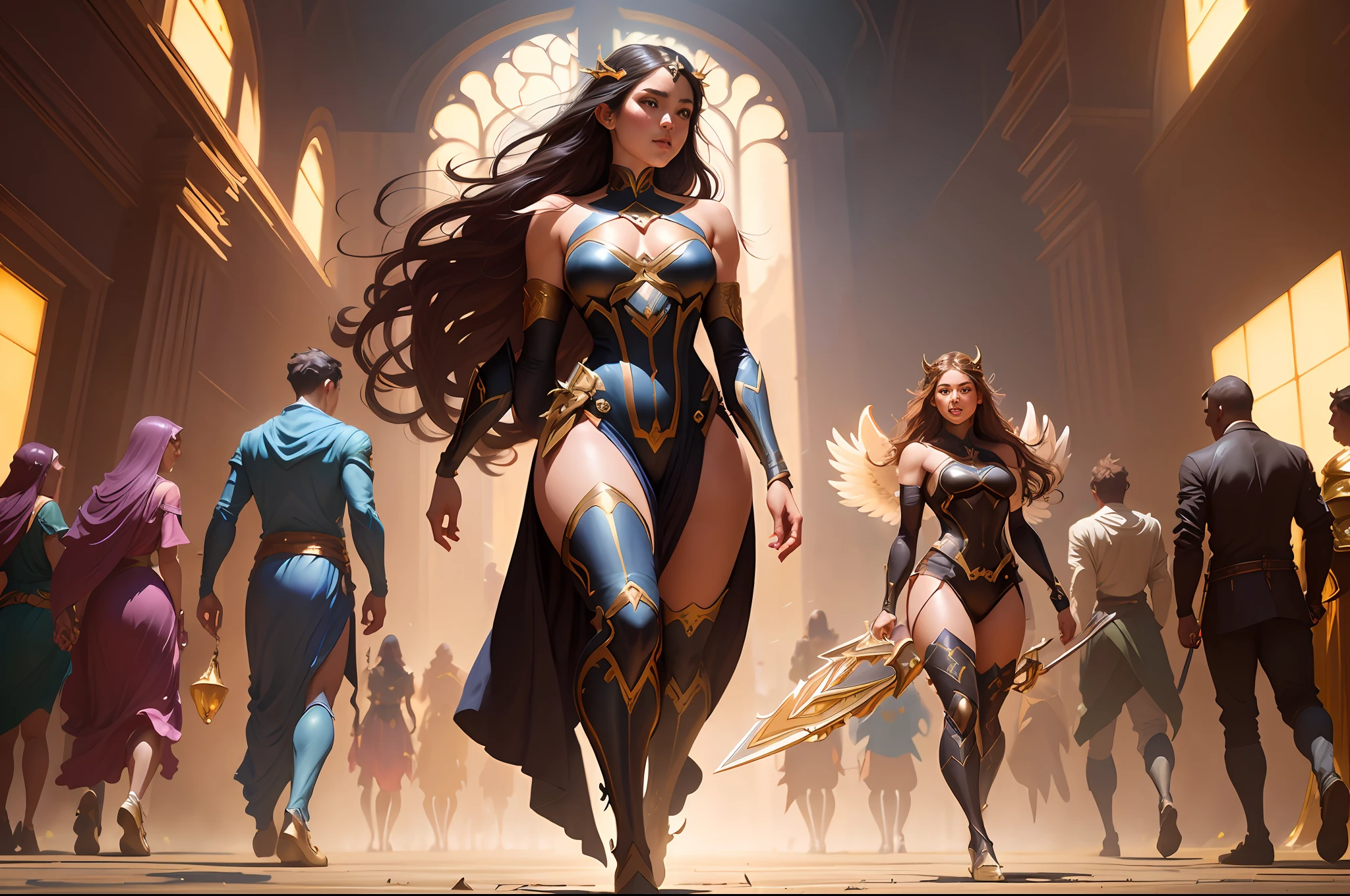 Full body rising Saint Angel Girl vs Evil Girl by stanley artgerm lau, greg rutkowski, alphonse mucha, concept art, character design, trending on artstation, rey tracing, unicorns fantasy, 8 k, 4 k, beautiful lighting, painting, rule of thirds,