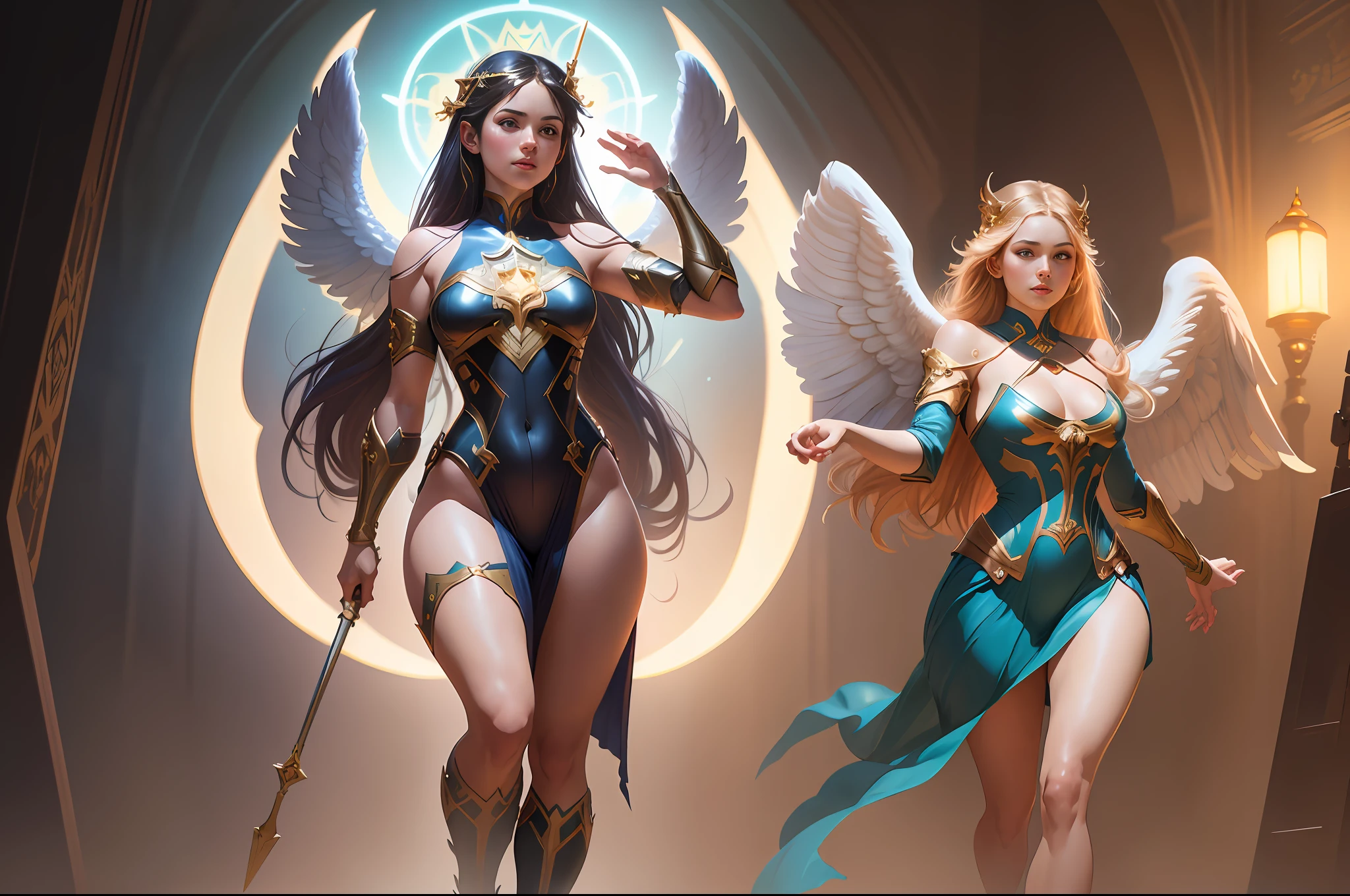 Full body rising Saint Angel Girl vs Evil Girl by stanley artgerm lau, greg rutkowski, alphonse mucha, concept art, character design, trending on artstation, rey tracing, unicorns fantasy, 8 k, 4 k, beautiful lighting, painting, rule of thirds,