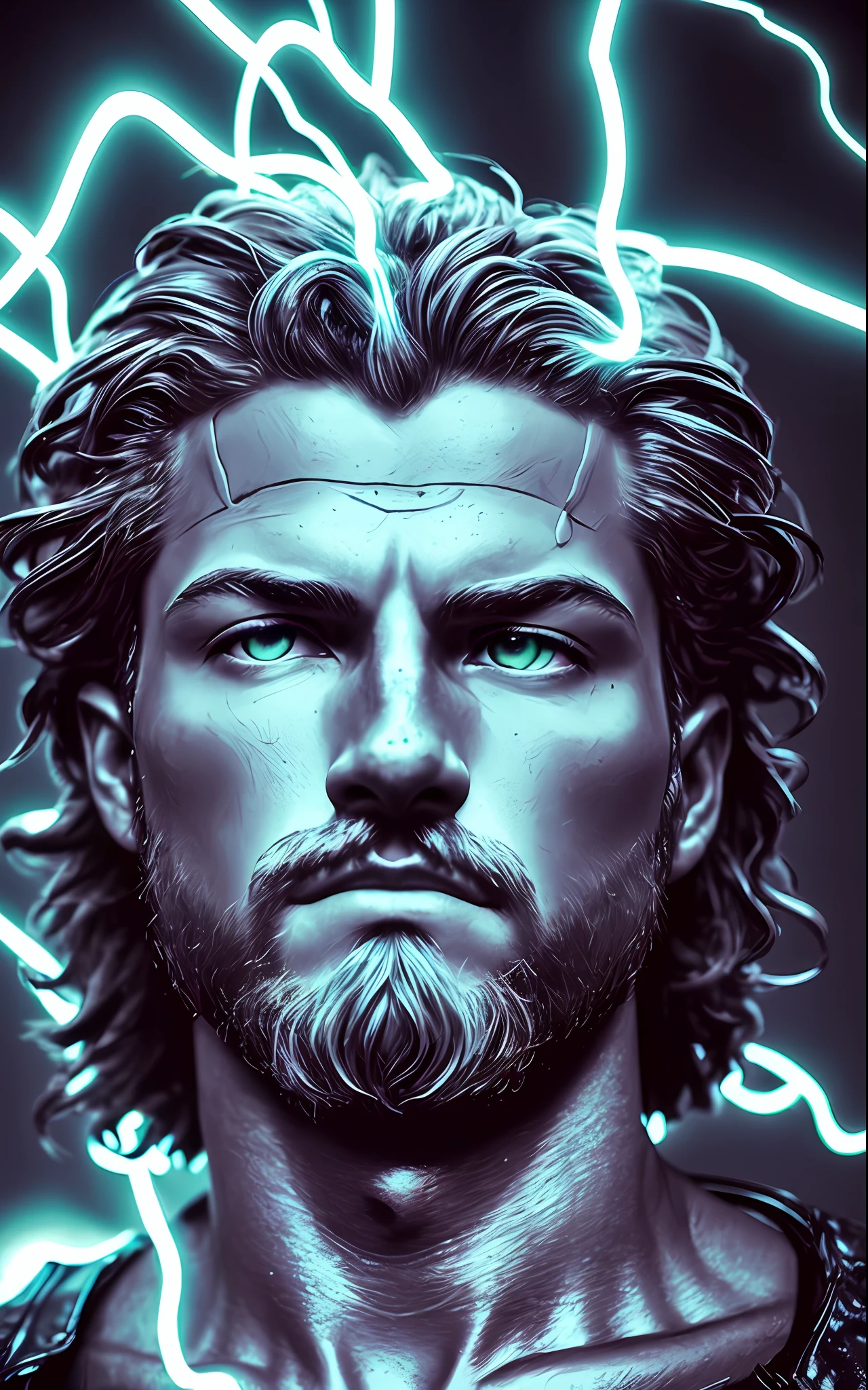 (neon lightning around the head:1.1), monumento, (head close-up), epic scene of zeus, lightning, foco nítido, fantasia, arte conceitual, dynamic lighting, Epic composition, estilo Michelangelo,preto e branco