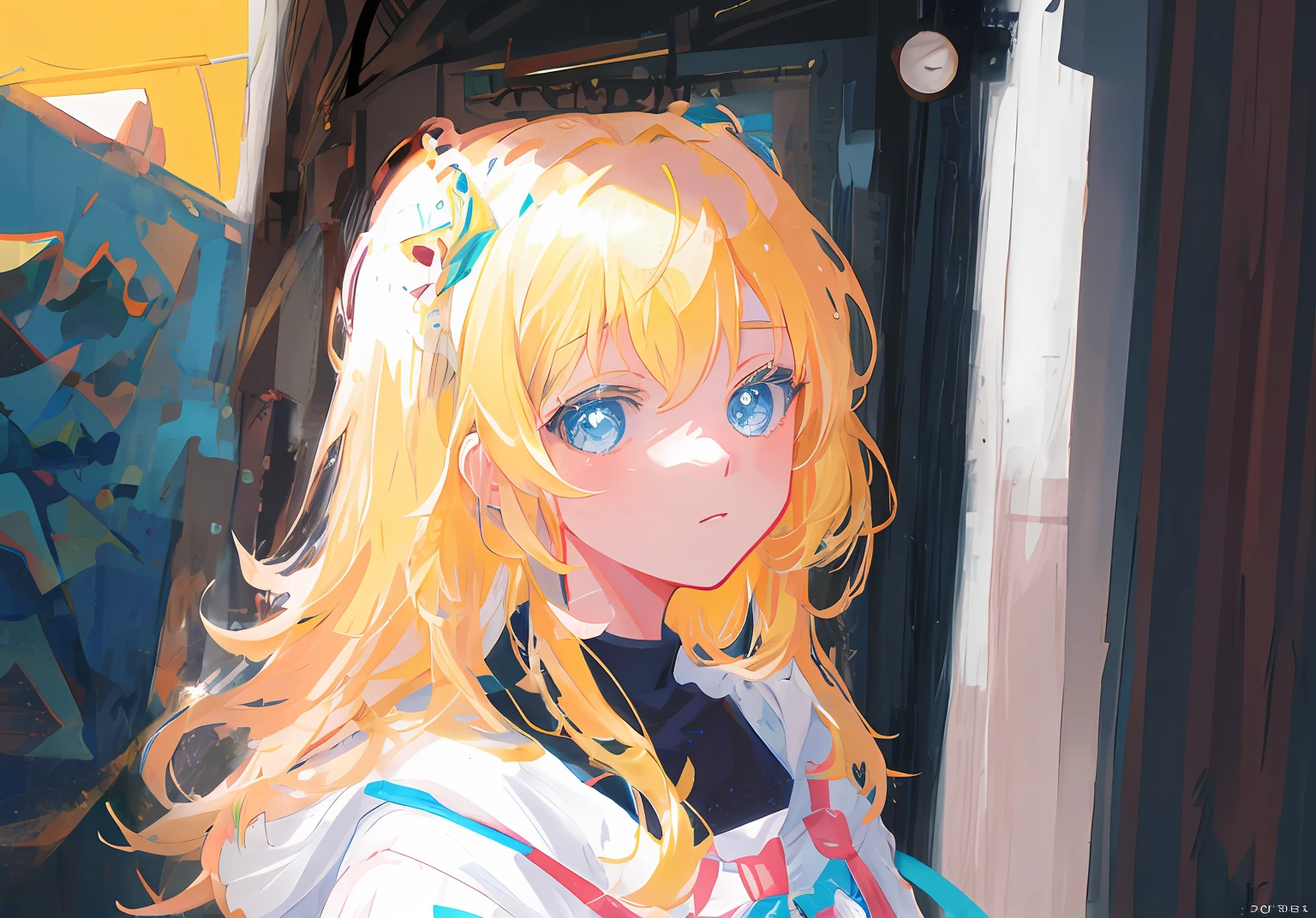 Anime girl with blonde hair and blue eyes standing in front of the building, style of anime4 K, a beautiful anime portrait, detailed portrait of an anime girl, Detailed digital anime art, Anime style portrait, Digital anime illustration, drawn in anime painter studio, beautiful anime art style, Anime style. 8K, Digital anime art, clean and meticulous anime art, Portrait of an anime girl