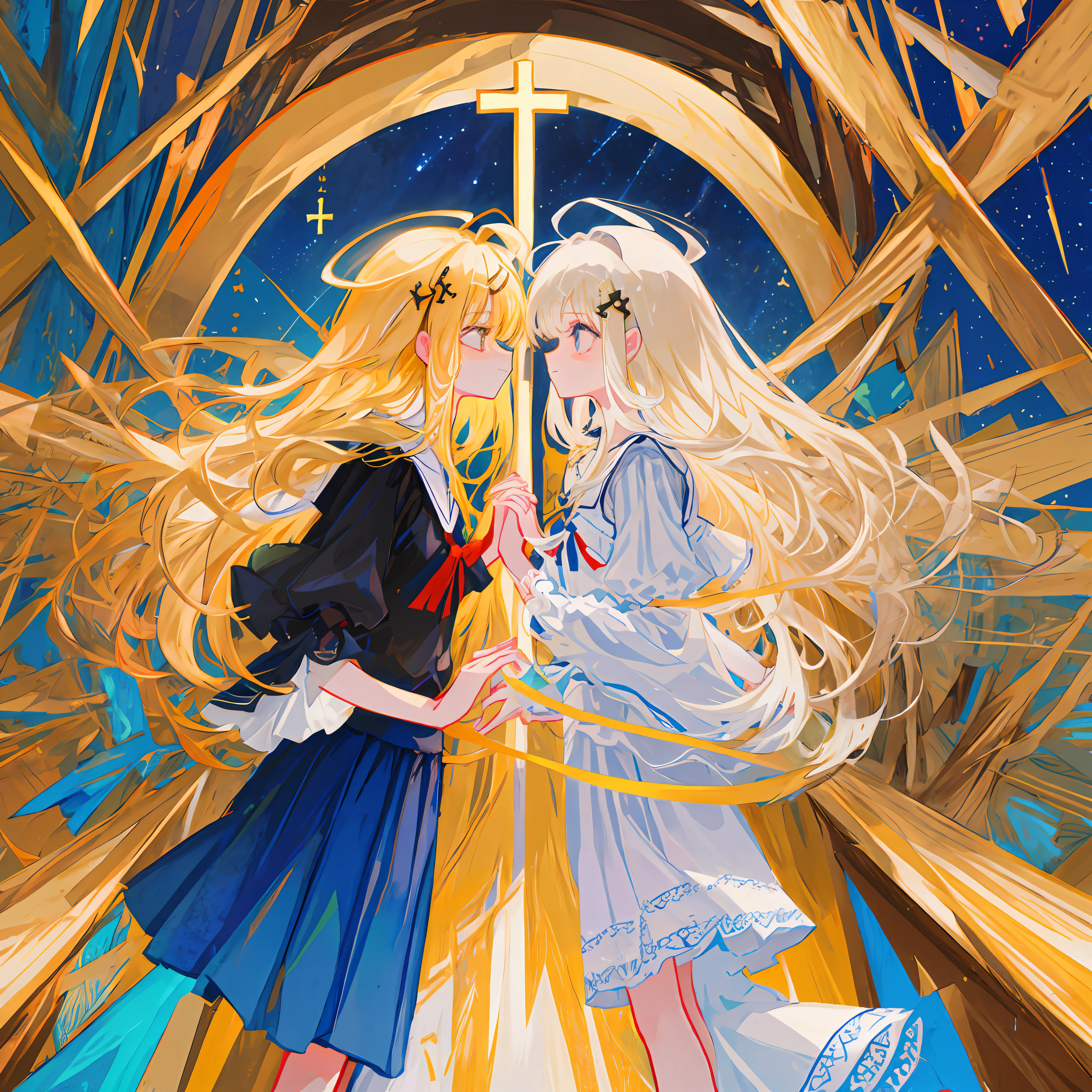 profile,full body,perspective,starry sky,clusters of stars,starry sky,glinting stars,,church,extremely detailed CG unity 8k wallpaper,detailed manga illustration,highres,game cg,angel,petite,dragon girl,lolita fashion,blonde hair,blonde_hair/yellow_eyes,eye contact,pray,own hands clasped,anklet,beautiful_face,beautiful detailed eyes,closed eyes,shoulder cutout,lolita gothic,Organza lace,Long skirt,white pantyhose,hair ribbon,halo,garter,hair ornament,cross necklace,flat_chest,poorly drawn asymmetric eyes,best quality, masterpiece, highres, original, extremely detailed wallpaper,an extremely delicate and beautiful,ray tracing,Clear picture,masterpiece,beautiful detailed sky,ahoge,