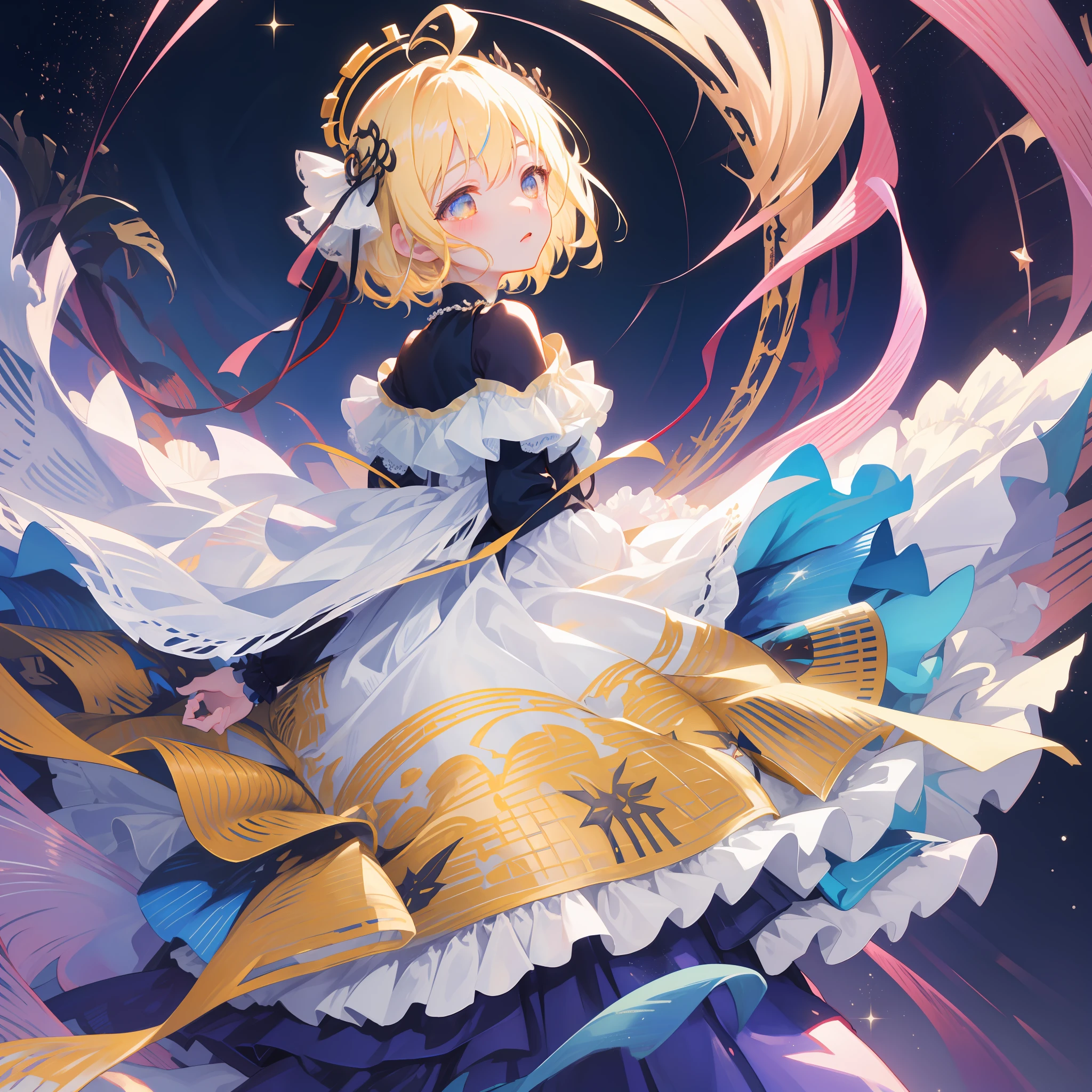 profile,full body,Perspective,Starry sky,clusters of stars,Starry sky,glistening stars,,chies,Extremely detailed Cg Unity 8K wallpaper,Detailed manga illustrations,A high resolution,Game CG,angel,Petite,Dragon girl,lolita fashion,Blonde hair,Blonde_Hair/Yellow_Eyes,Eye contact,pray,own hands clasped,anklet,Beautiful_face,Beautiful detailed eyes,Closed eyes,shoulder cutout,Lolita Gothic,Organza lace,Long skirt,White pantyhose,Hair ribbon,Halo,garter,hair adornments,Cross necklace,flat_chest,poorly drawn asymmetric eyes,Best quality, Masterpiece, A high resolution, Original, extremelydetailedwallpaper,An extremely delicate and beautiful,Ray tracing,Clear picture,Masterpiece,Beautiful detailed sky,ahoge,