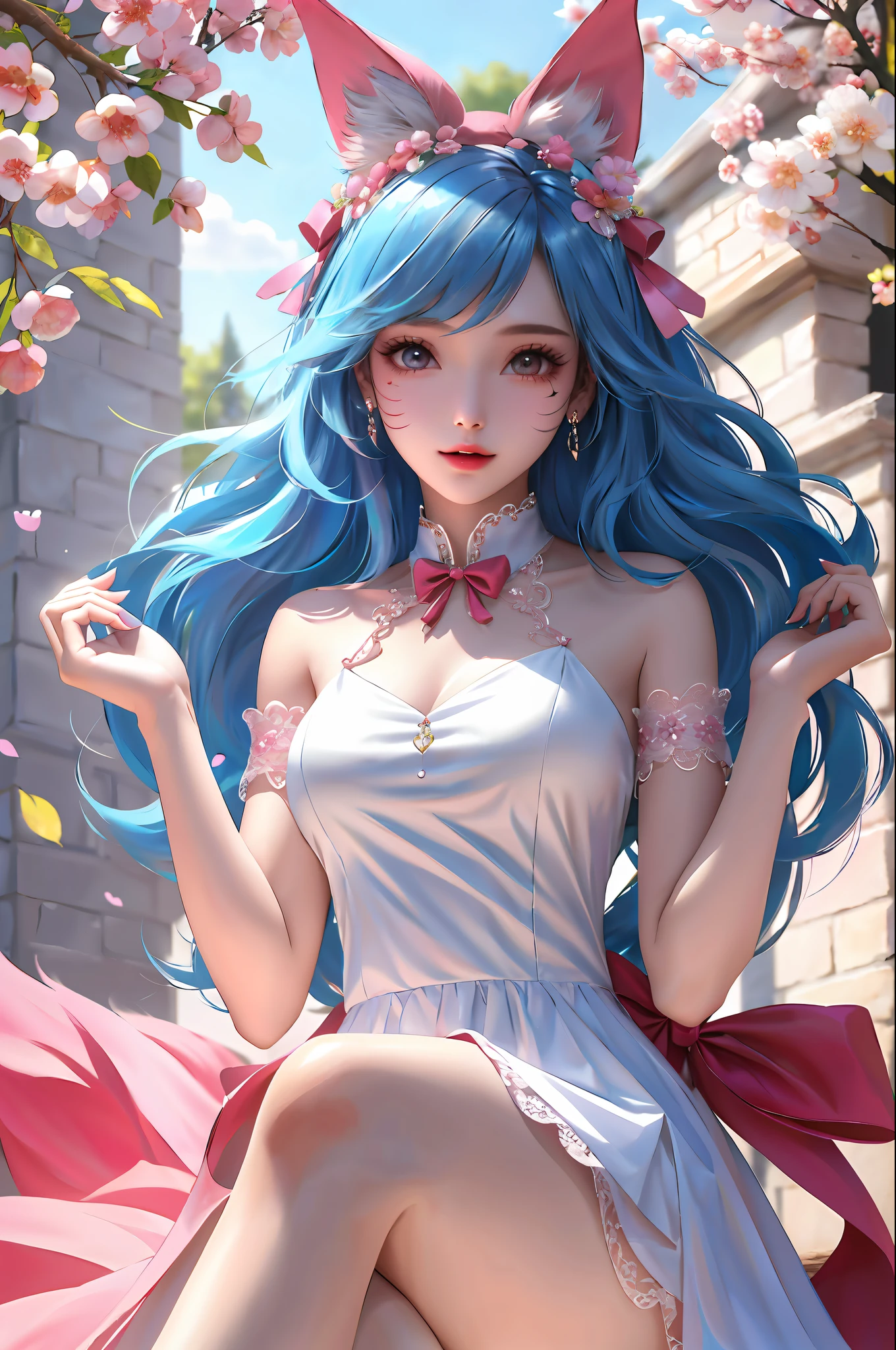 (tmasterpiece: 2.0,Best picture quality),(Ultra-fine eyes: 2.0),ph_REM,Remoud(1girll),blue hairs,独奏,eBlue eyes,x Headgear,Lace leg ornament,Bow knot,Stockings,Socks,Lolita heels,Lolita shoes,Rosswaal Mansion Maid Clothes,full bodyesbian,Two hands,Two legs,Photo art,offcial art,maidennurse,Skysky,rays of sunshine,the trees,spray。