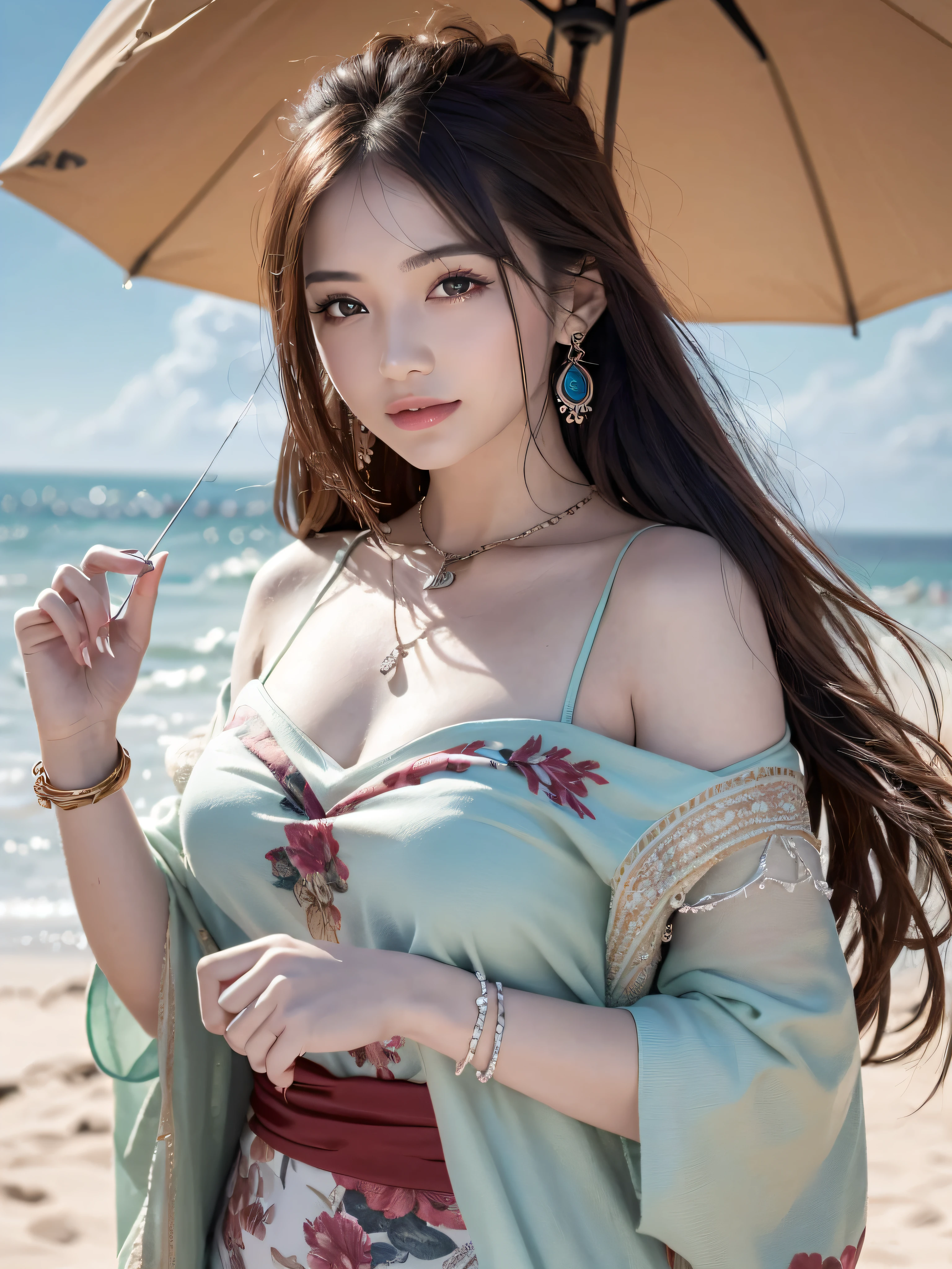 (upper body), (best quality:1.1) ,(photorealistic:1.1), (photography:1.1), (highly detailed:1.1), looking at viewer,armlet, Jade bracelet, eyelashes, happy, medium breasts,beautiful detailed girl, (extremely detailed eyes and face), (lighting on face),necklace,Colorful clothes, [chinese clothes],[off shoulder], (solo:1.2), sandbeach,sand,Standing by the seaside, summer, (beautiful detailed sky),