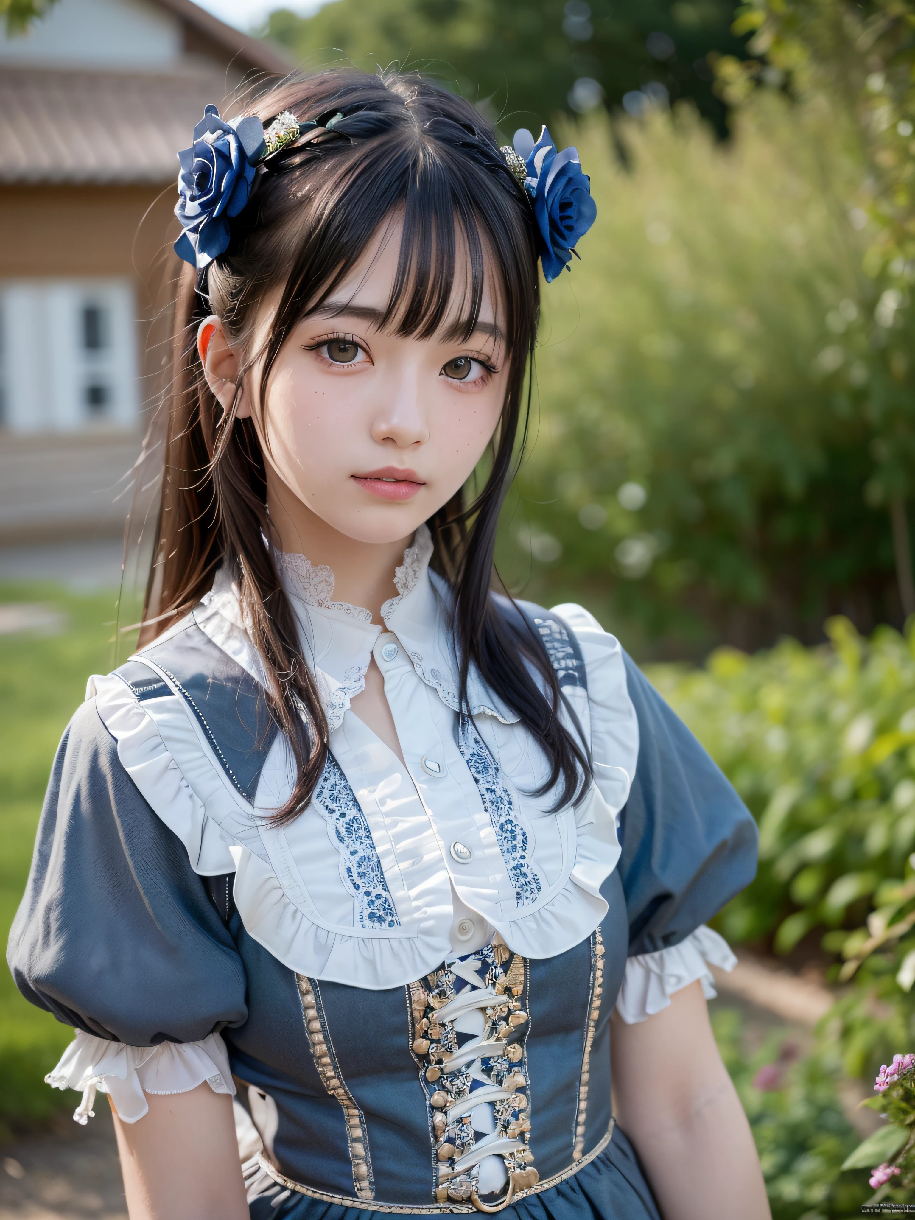 (realistic, photo realistic:1.37), incredibly absurdres, (insanely detailed:1.3), 8k, (masterpiece), (best quality:1.4), (ultra high res:1.2), (raw photo:1.2), (unity 8k wallpaper), 1 nogizaka girl, utterly cute, (bishojo:1.35), (:1.4), ((alice and the pirates fashion)), delicate detailed beautiful dress, ((hair accessory with blue rose)), an exquisitely detailed and beautiful face and eyes and skin, detailed black shine hair, smile at the camera, cowboy shot, petit trianon garden and farmhouse, view a village and lake, ultra detailed background, professional lighting