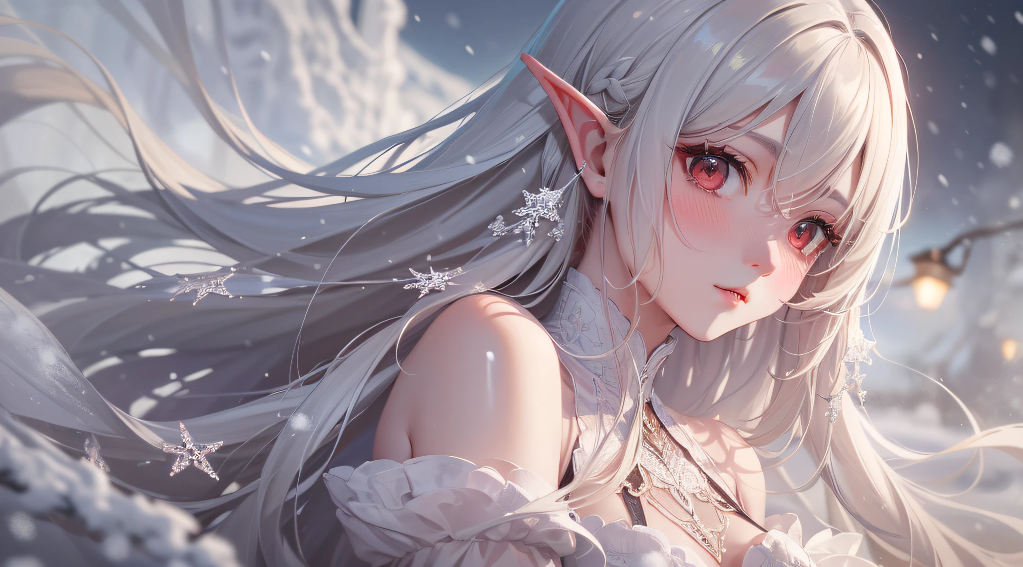 (High Picture Quality, Immortal painting style, The light and shadow are delicate, Highest definition, Fine composite diagram)、whaite hair、Red eyes、long whitr hair、the elf、(Feminine posture)、(Wearing a tulle dress)、(Surrounded by snow)、(Slightly windy)、(face red blush)。