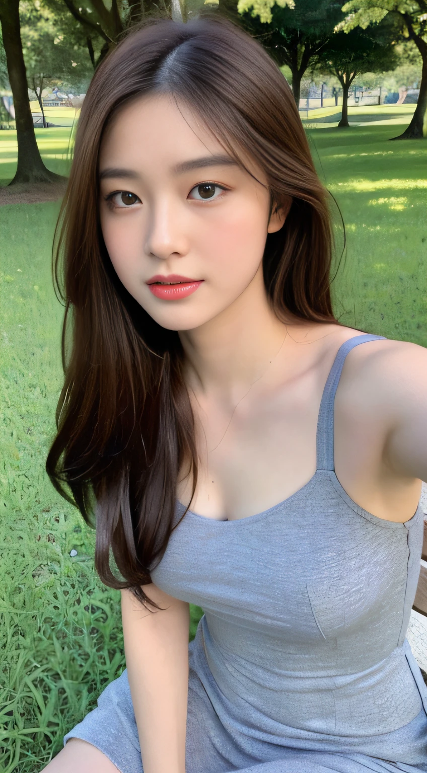 (In the daytime, Need, 8K, tmasterpiece:1.3)), full bodyesbian, Long legs, Focalors:1.2, perfect figure beautiful woman:1.4, Slim abs:1.1, ((Dark brown hair, large tities:1.2 )), (shift dresses,,standing on your feet:1.2,), ((City Forest Park,seat :1.3)), Highly detailed facial and skin texture, A detailed eye, 二重まぶた,Flying long hair