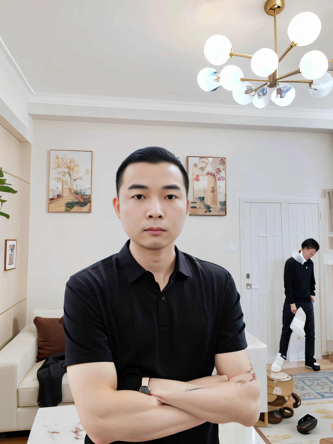 A man stood in the living room，wearing a blacked shirt, zeng fanzh, phong yintion j - jiang geping, chinese artist, yintion j - jiang geping, yanjun cheng, professional profile picture, huifeng huang, xintong chen, jinyiwei, wei wang, Lin Qifeng, Leng Jun