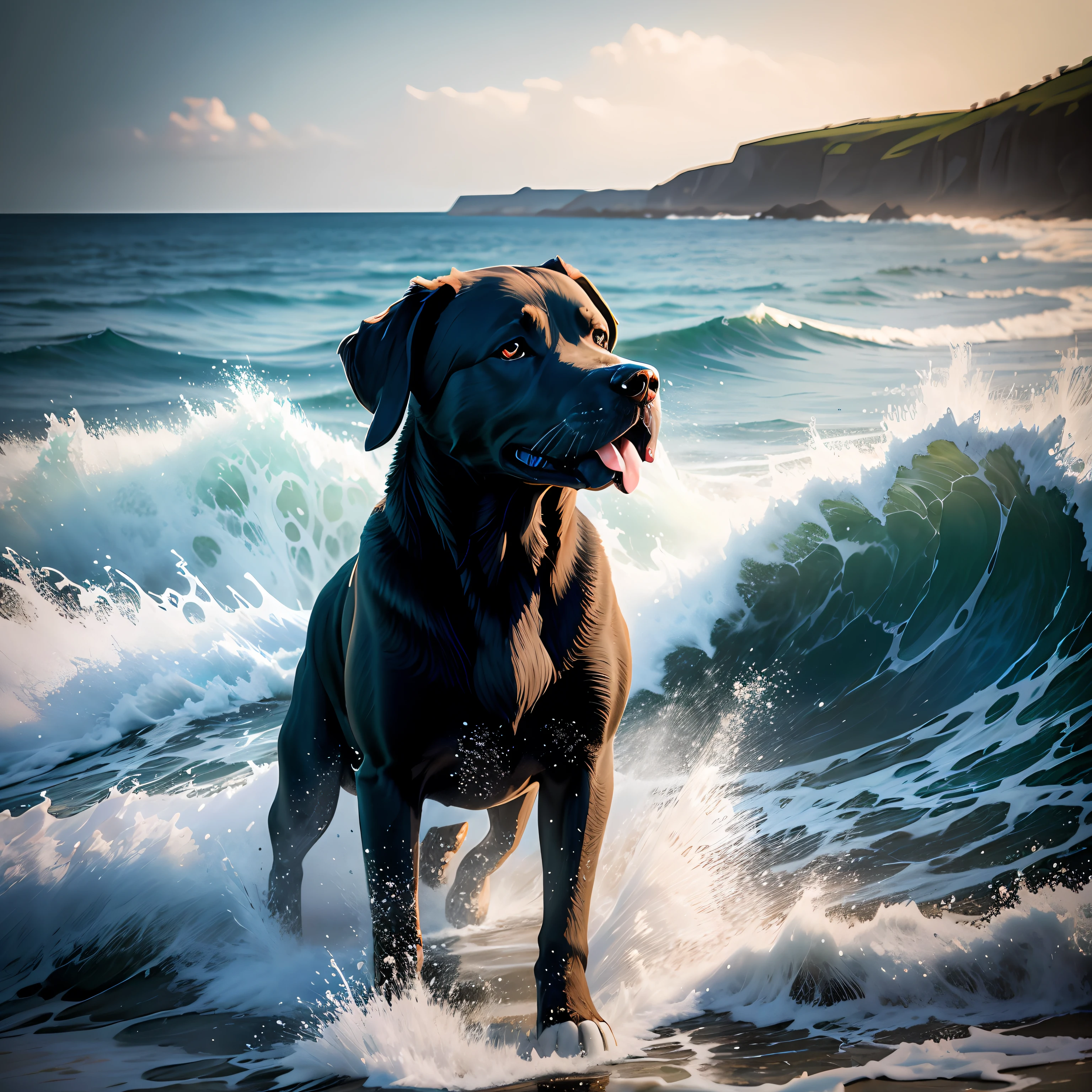 Labrador retriever,Sea in the background,spray,the ocean,foamy,high textured,photorealistic effect --auto