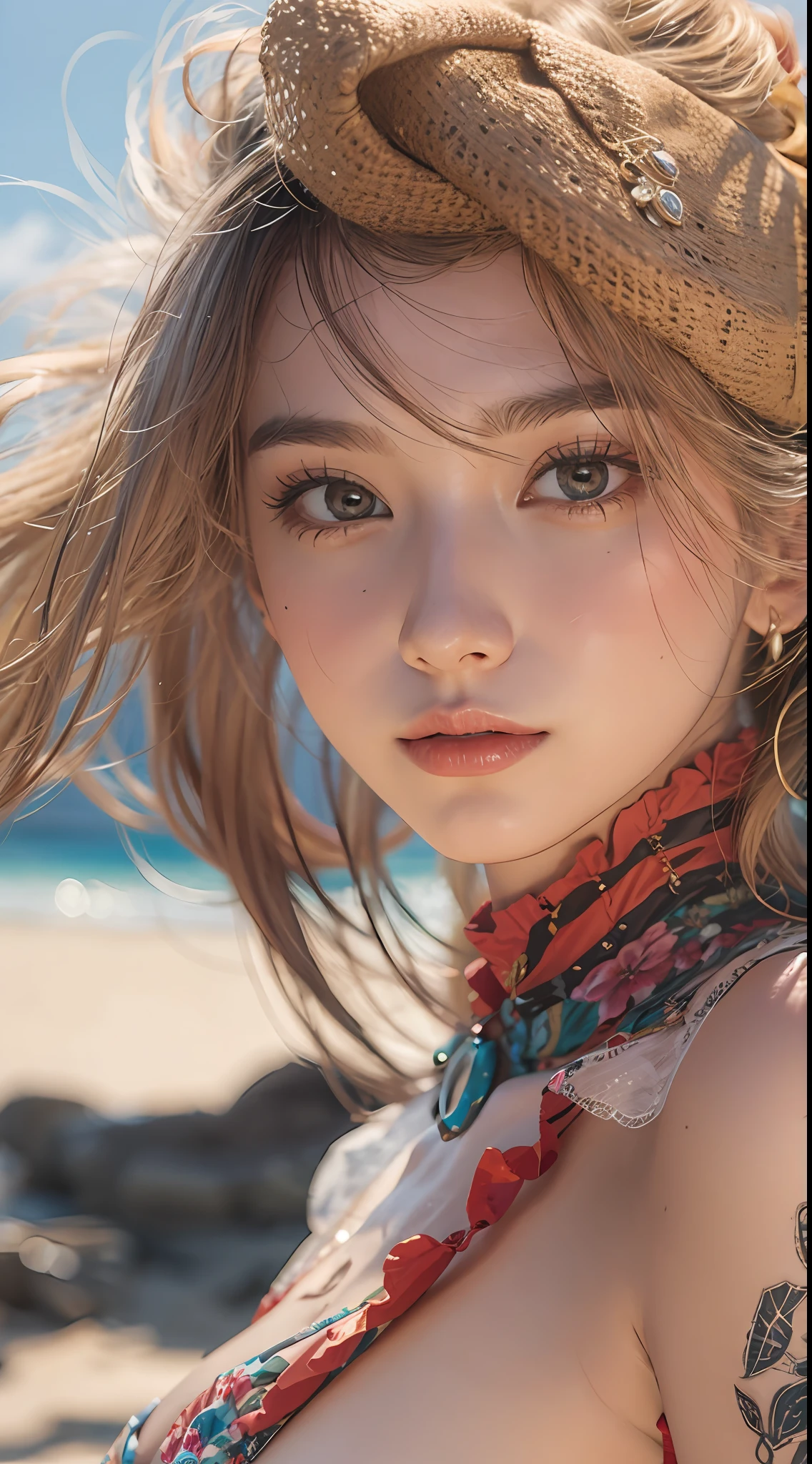 a girl in a ?????? on the beach, full ???????, big ???, gorgeous face