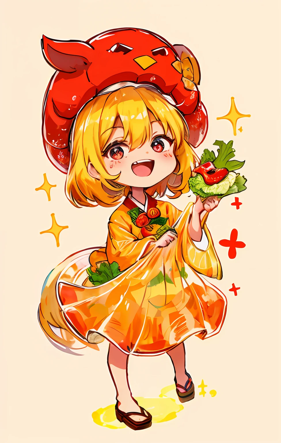 (Cartoony:1.1)Smart and cute little animal holding lettuce,Korean kimchi in hand,Soak your whole body in red pepper paste,sparkle in eyes,Multiple postures,Emoticon pack,Standing drawings of characters,