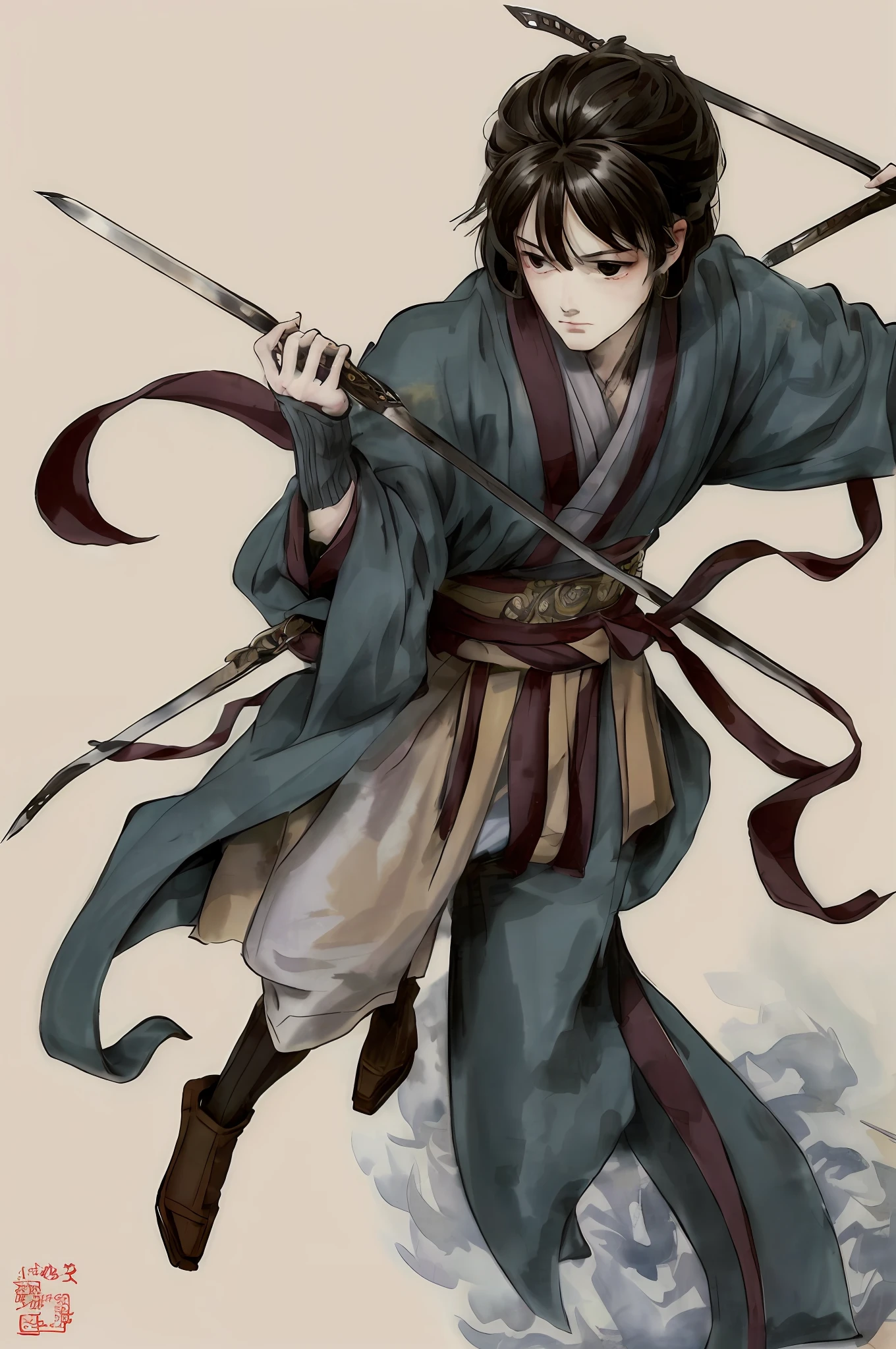 Man walking on the sea, ukiyo-style ,swell sea ,Combat action,Chinese sword,A man in Hanfu, Flying swords,Xianxia,Wine Sword Immortal,A wine jug is pinned to his waist,There is stubble,Chinese painting style, Handsome figure painting, Japanese art style, Traditional Chinese Ink Painting, inspired by Zhan Ziqian, Japanese style painting, inspired by Gu Kaizhi, author:Zhang Senyao, japanese anime artist drawn,mythological stories,Legs arched,Clouds,airflow,with a determined look in his eyes,Clear hand details,head looking up,There is light in the eyes,Ink elements,flowy,Uncle sense