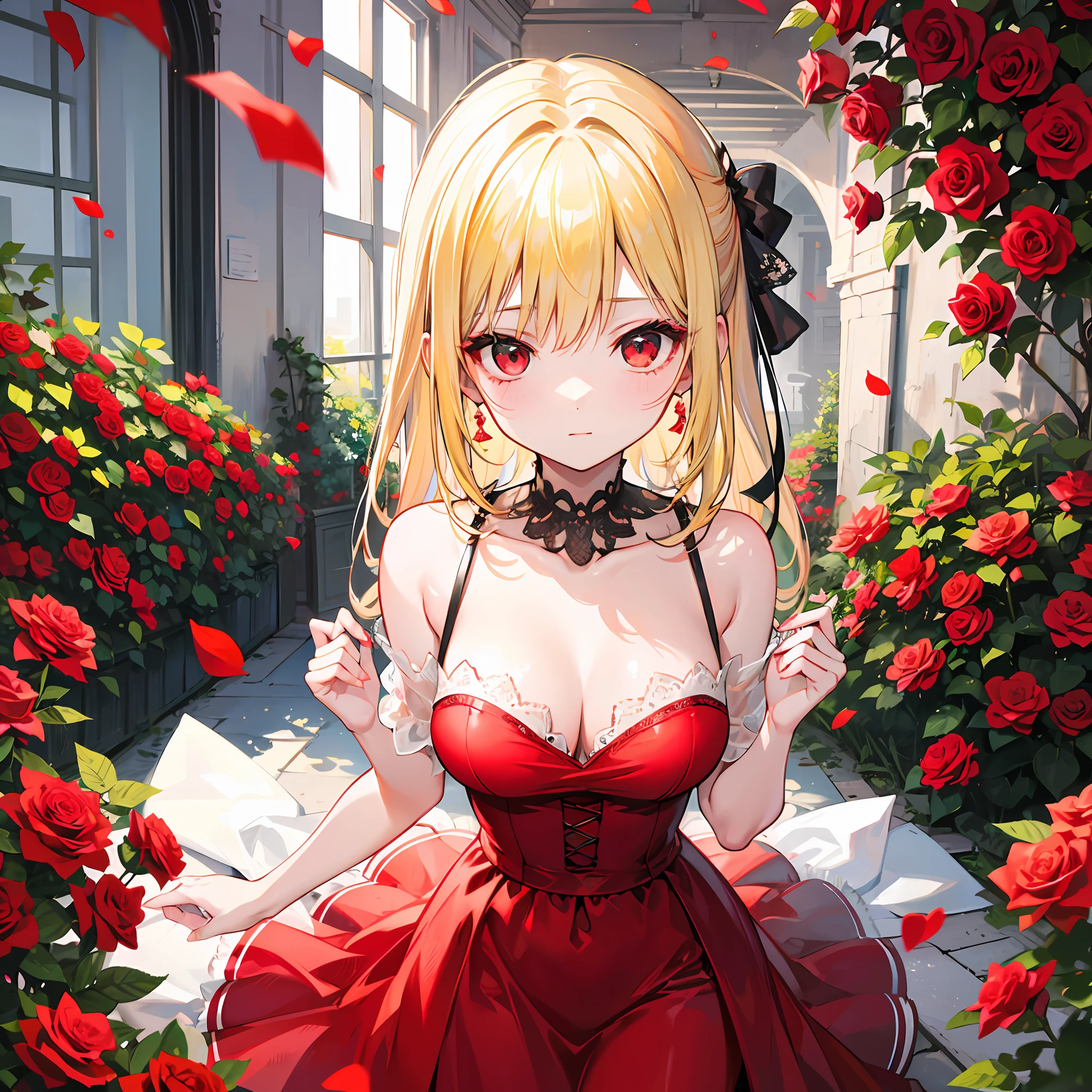 One blonde girl、red eyes、Bright red dress、off shoulders、Red Rose Garden、Bouquet of roses
