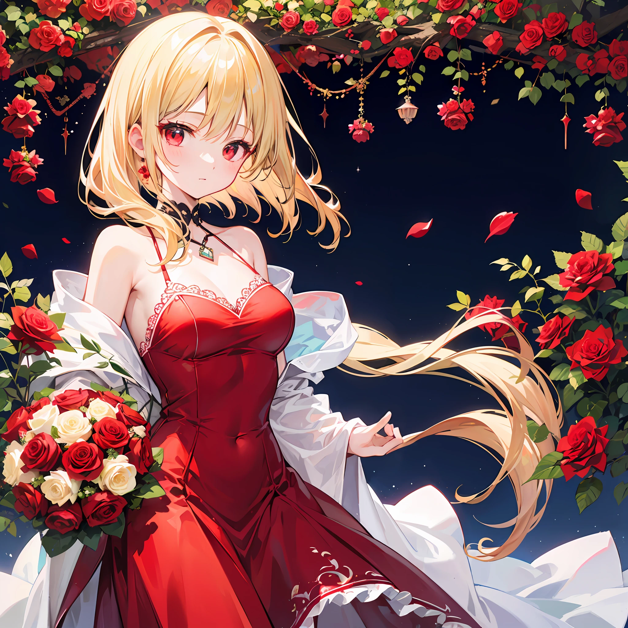 One blonde girl、red eyes、Bright red dress、off shoulders、Red Rose Garden、Bouquet of roses