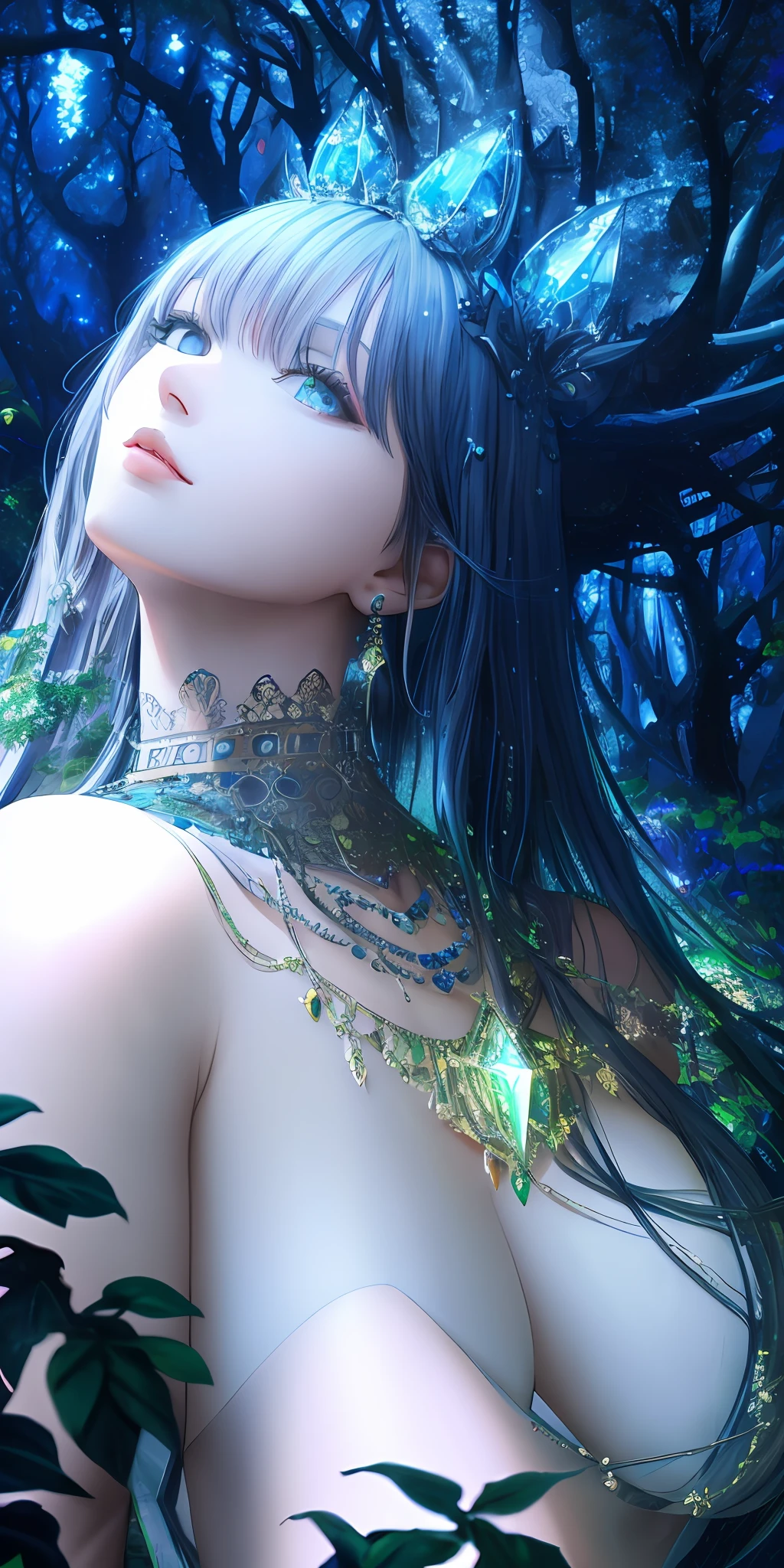 A surrealist one、Otherworldly、Illustration of the super sky scene，Including a huge crystal tree all over the body、Very detailed and magical lighting、Intricate forest details、Vegetation and surrounding rivers、scenecy、giant tree、Beautiful green leaves、Beautiful lighting and realistic proportions，As if it were a movie backdrop，8K，HighestQuali，The depth of field is full，rich details​，
