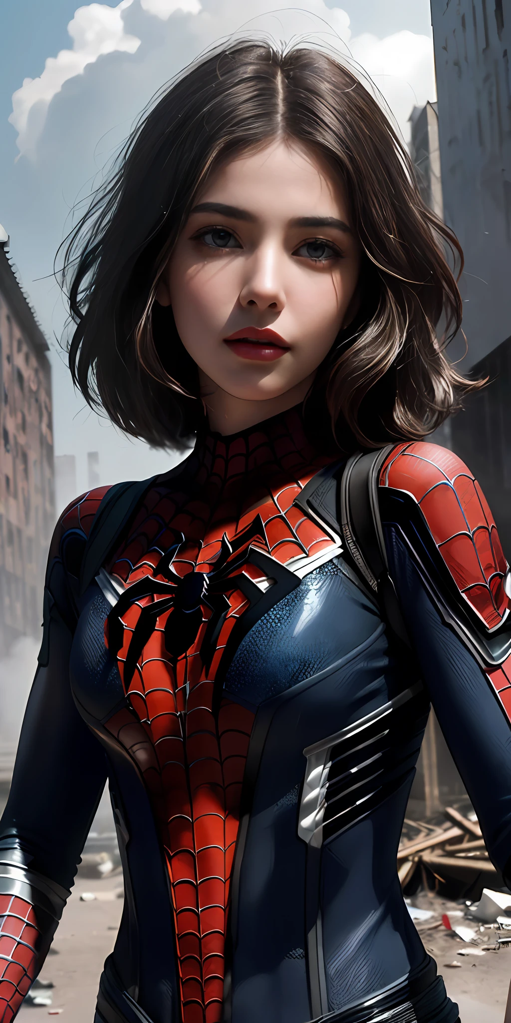 (1girl:1.3), solo, (((extremely detailed face))),(((extremely detailed eyes and face))),beautiful detailed eyes,body-parts__, official art, unified 8k wallpaper, super detailed, beautiful and aesthetic, beautiful, masterpiece, best quality, raw, masterpiece, super fine photo, best quality, super high resolution, photorealistic realism, sunlight, full body portrait, amazing beauty,, dynamic pose, delicate face, vibrant eyes, (from the front), she is wearing a Spider-man suit, red and black color scheme, spider, very detailed abandoned warehouse background, Detailed face, detailed complex busy background, messy, gorgeous, milky white, highly detailed skin, realistic skin details, visible pores, sharp focus, volumetric fog, 8k uhd, DSLR, high quality, film grain, fair skin, photo realism, lomography, huge metropolis in future dystopia, seen from below, translucent