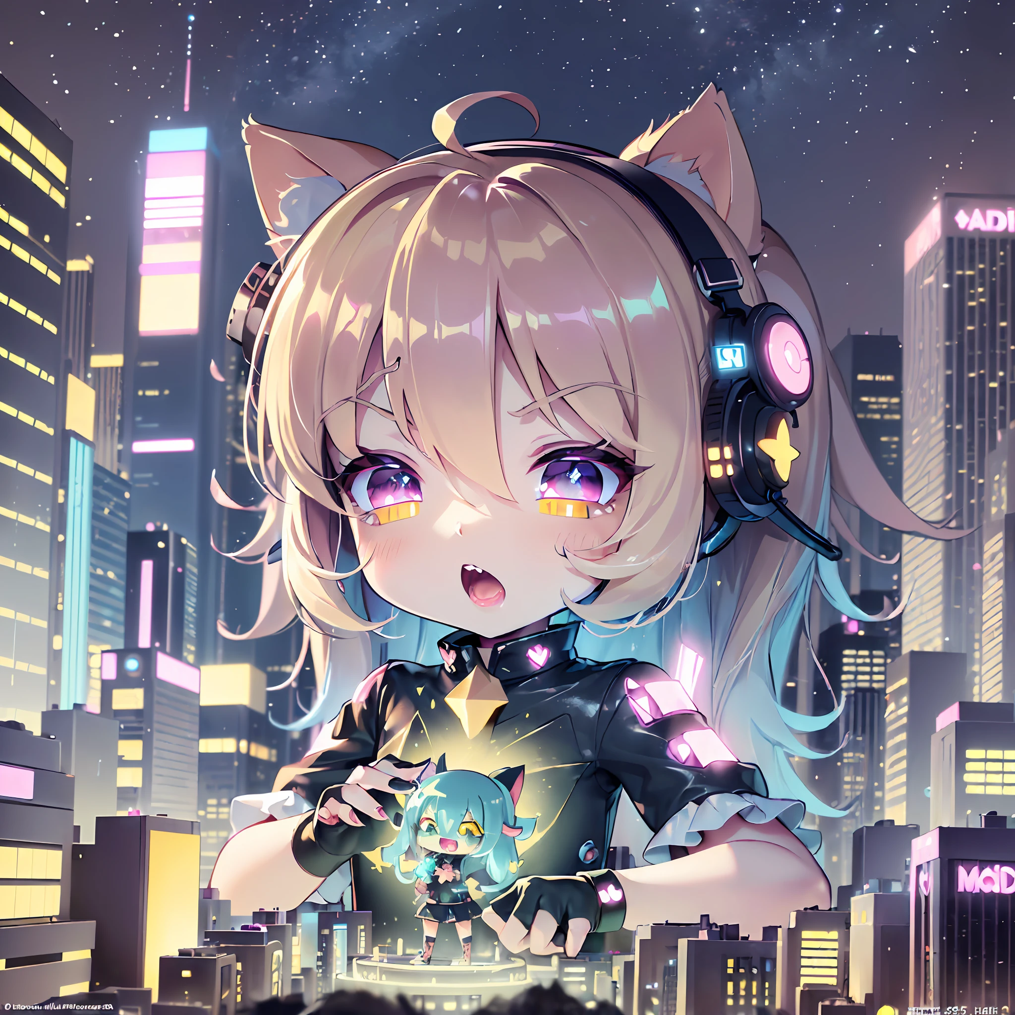 (award winning 8k official art:1.3) of (mad giant zombie (chibi:1.1) gtsgiga, open mouth, monstrous, breaking:1.3), angry, kawaiitech, kawaii, cute colors, ferocious, good fingers, night, extremely detailed background, sweet, front, epic, (masterpiece:1.4), (best quality:1.4), Amazing, beautiful, finely detailed, (Depth of field:1.4), extremely detailed 8k, stunning, (light reflections:0.5), (crisp:1.5), red twin tails, vibrant, (edge detection:1.2), absurdres, impressive, 120mm, clear, powerful