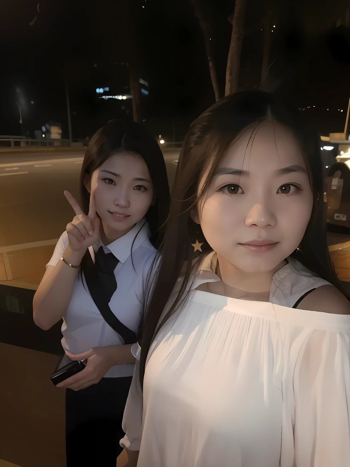 Two Asian women wearing tech clothes on the street，cheerfulness， （Backlit hair：0.5），（with light glowing：0.3），（：0.8），space ship，Starcloud，sexyposture，highly  detailed