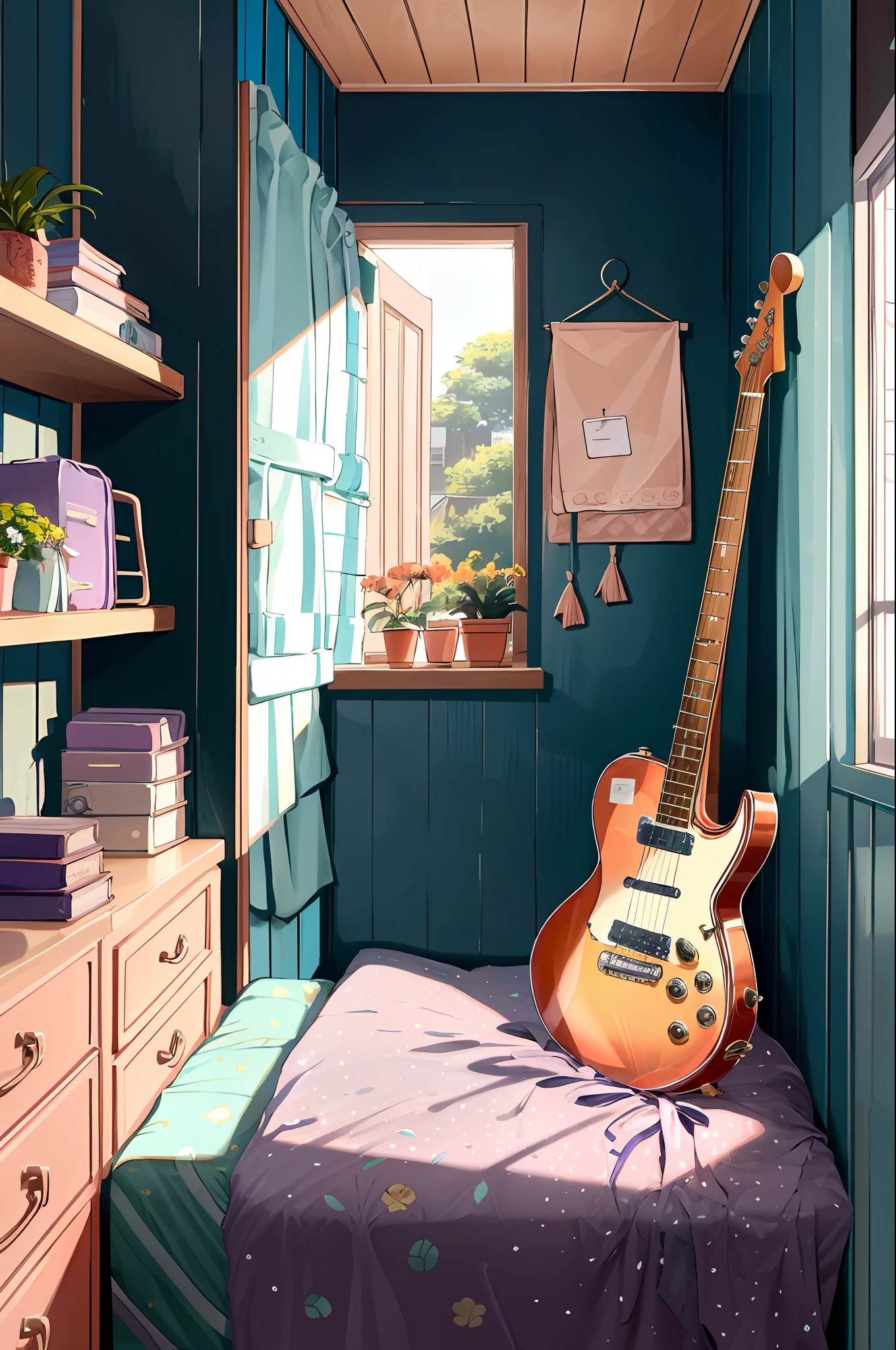 lineart, 
1girl, 独奏, Hair, holding, sitting, Indoors, pouch, backpack, a cup, book, Window, bed, chair, phone, stuffed toy, Flowers in pots, ivy on the wall, Hanging Gardens, plant, Curtains, instrument, a table, watch, electric guitar, bed room, shelf, calendar (object), coral, mint, lilac, yellow, View from the window,