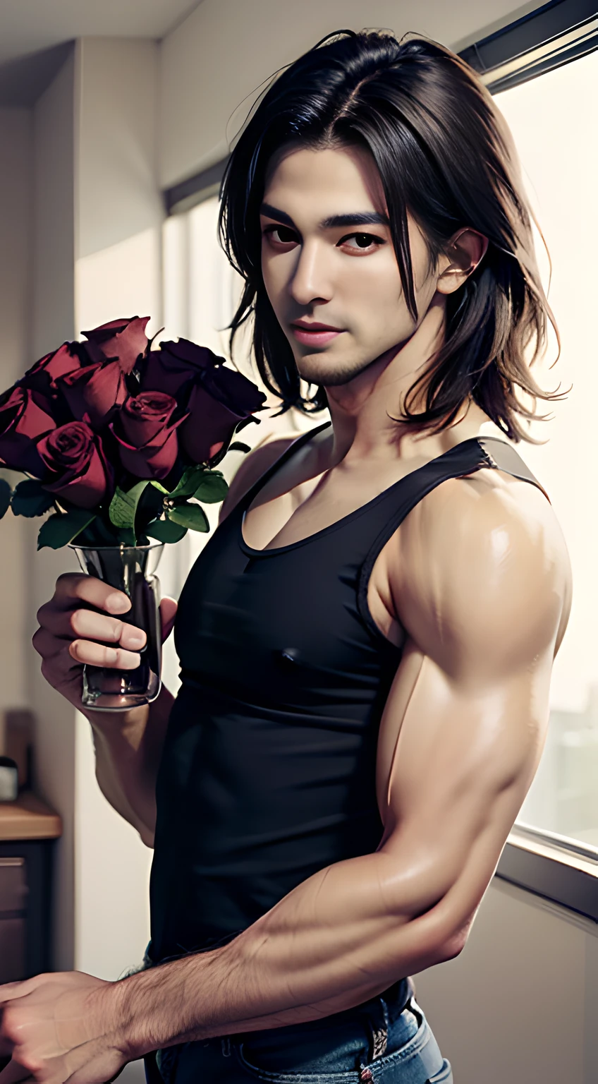 ((Men only)), (Cowboy Shot), (negro handsome muscular man in his 20's), negro handsome muscular man (holding a lot of very big red roses), (white wall) in the background, He wears men's gray tanktop, Mischievous smile, (detaile: 1 in 1), Natural muscles, HIG quality, beautidful eyes, (Detailed face and eyes), (Face、: 1 / 2), Noise, Real Photographics、... .............................................................PSD, Sharp Focus, High resolution 8K, realisitic & Professional Photography, 8K UHD, Soft lighting, High quality, Film grain, FujifilmXT3