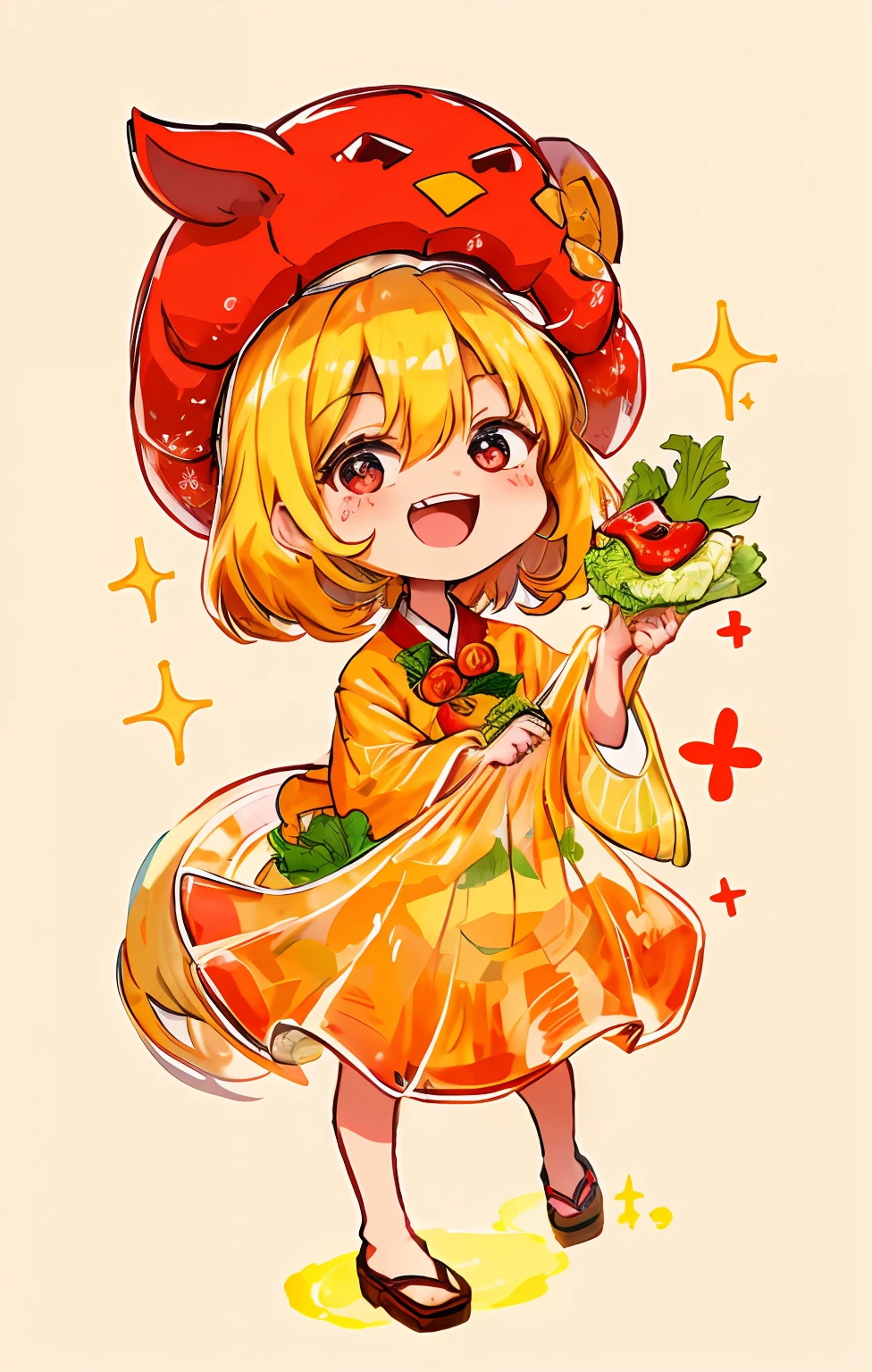 (Cartoony:1.1)Smart and cute little animal holding lettuce，South Korea Kimchi in hand，Soak your whole body in red pepper paste，sparkle in eyes，Multiple postures，Emoticon pack，Standing drawings of characters，