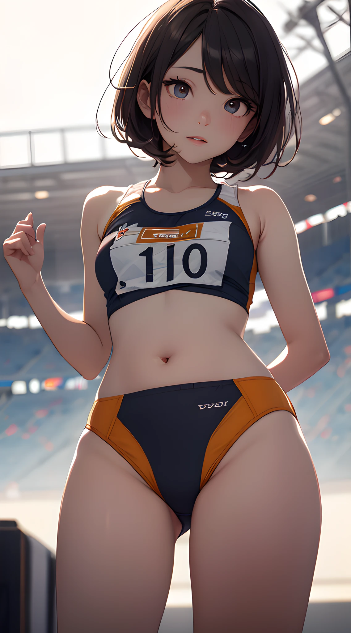 (masterpiece, best quality, thin line:1.4), 8k, 85mm portrait, raw photo, absurdres, delicate girl, cowboy shot, (thighs, from below:1.2), shiny skin, (track uniforms, sportswear, sports bras, sports bikinis:1.3), rikujou, track and field, , looking at viewer, 18yo, short hair, HDR, sharp focus, highres, photography, realistic, highest detailed, extreme detailed, ultra detailed, finely detail, detailed eyes and face, sharp pupils, realistic pupils, (smile:0.7), (bokeh background:1.3)