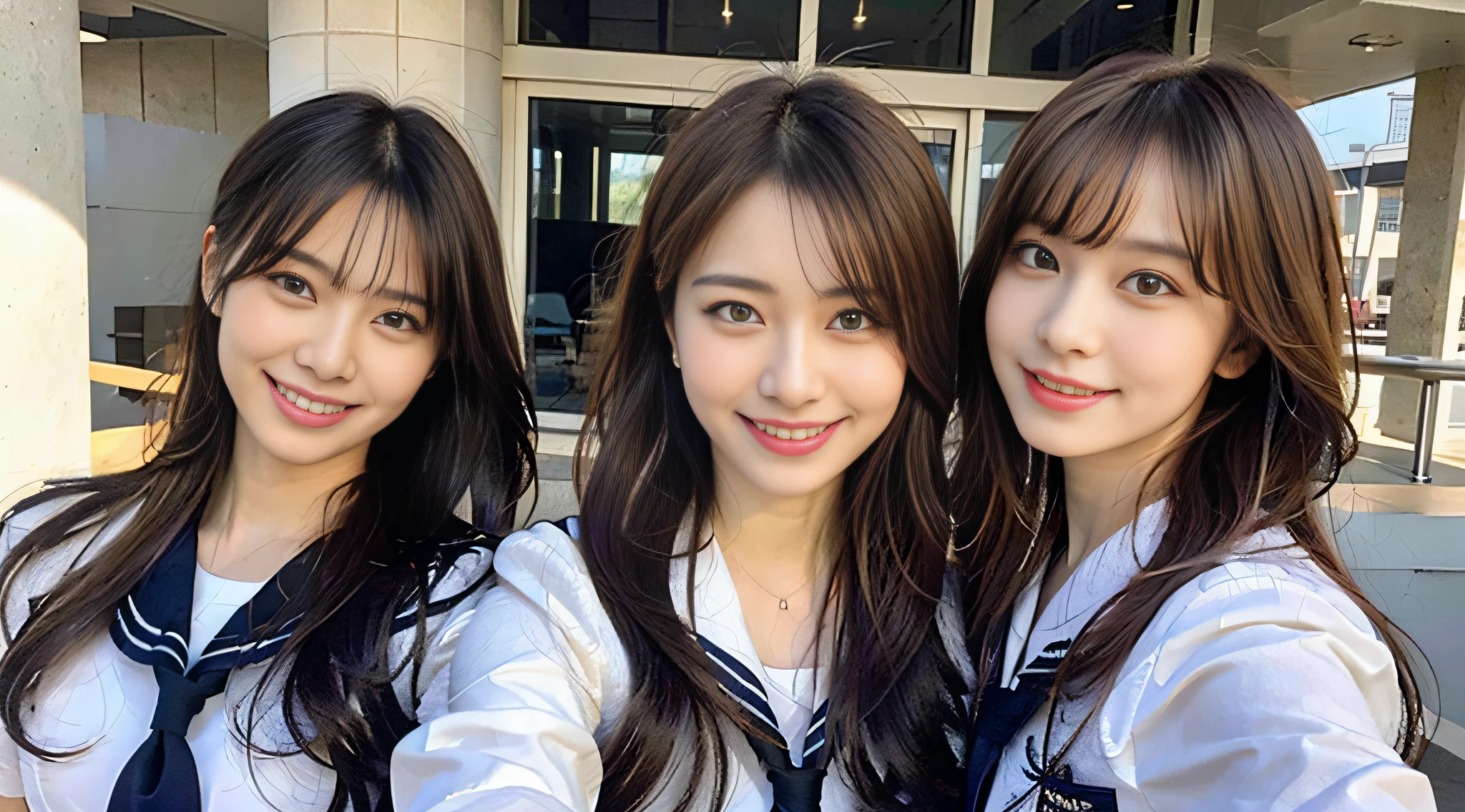 (8K、Raw photography、top-quality、masterpiece:1.2)、ultra-detailliert、ultra res、(realisitic、Real Photographics:1.47)、(Using the kiss you throw as a camera)From above、Camera from above、Camera angle from above、I'm looking at this with upward eyes、High-quality images taken with a camera from above、Above the sea、、Offshore Girl(Fantastic lighting)head to waist、、de pele branca、Fair-skinned female proofreading、An ultra-high picture quality、、Beautiful female proofreading reflecting in light、amazing detailed、Beautiful girls in very detailed、Faces with different patterns、Different face patterns、Each hairstyle has its own characteristics、Farbe々Hairstyle、Farbe々Hair color shining with clean light、I enjoy fishing on a boat、Brown hair shining in the light、One has a ponytail、、Modern cute high school girl、very detailed faces very detailed eyes、Very realistic skin、 extremely detailed fingers, highly detailed nose, highly detail mouth, perfect anatomia, Highly detailed sailor suit、、The details of their hair and uniforms shine through、Burning teeth and smiling、Realistic body, de pele branca, glistning skin, Slim body, Long straight hair, (Blunt bangs:1.2), , nixeu and sakimichan, TWICE, Seifuku, sakimichan, JK Uniform, wearing japanese school uniform, promo still, Larisa Manobal, Japan school uniform, japanese girl school uniform, alena aenami and lilia alvarado
