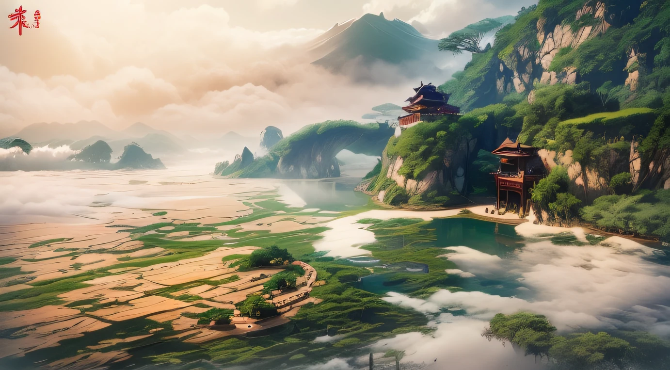 Xian Xia World The top of the mountain is the sect, the ancient architecture of Chinese style, surrounded by clouds and mist, and the waterfall flows down --auto