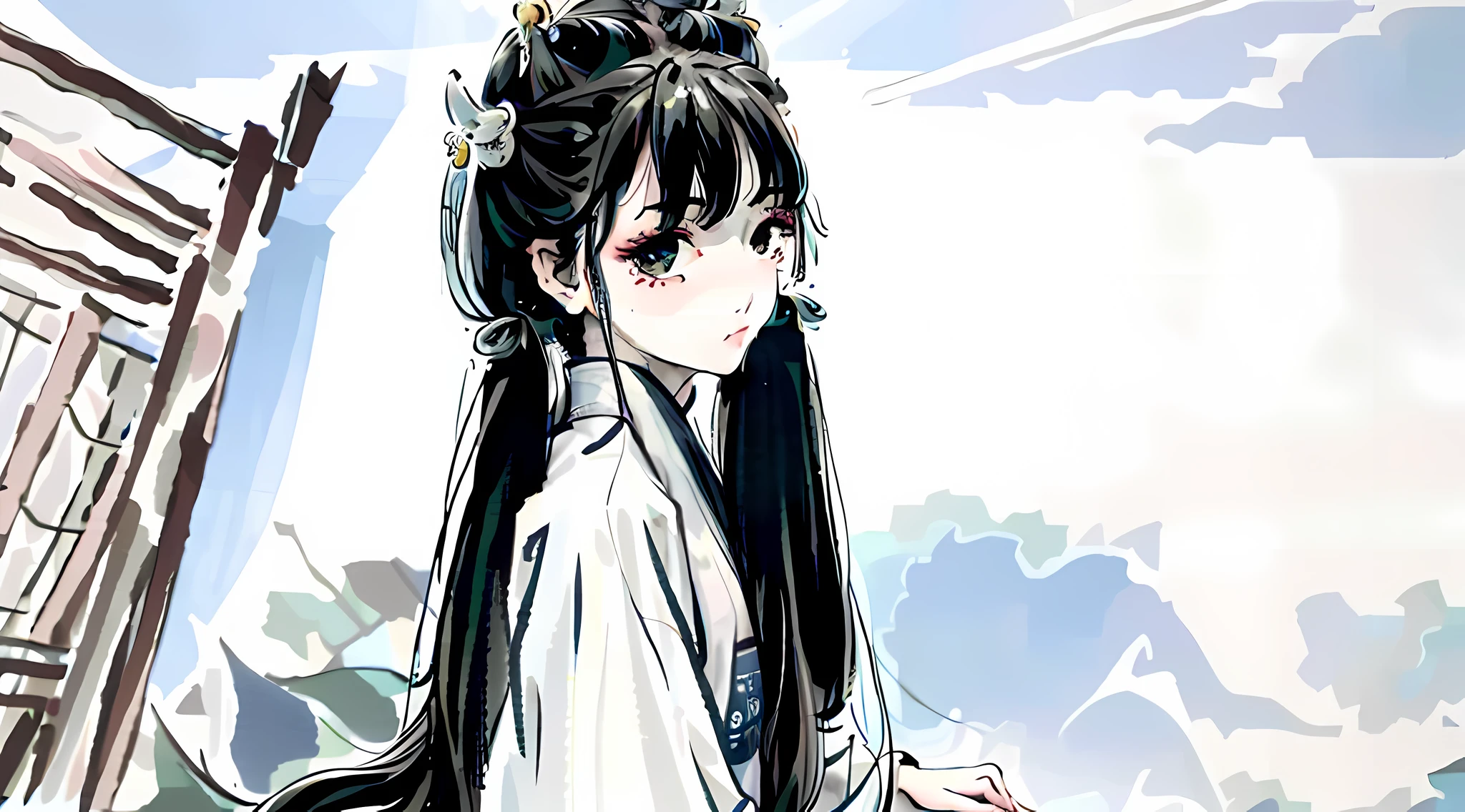 ((Masterpiece, Best quality)), 1girll, ((teens girl)), Black twist braid,dual horsetail,The long-haired, Floating hair, hair adornments, (white hanfu), ((Clothes made of feathers)), (Summer), Sunlight, (Detailed light), Chinese style architectural background,Textured skin,Super detail, A high resolution, 8K