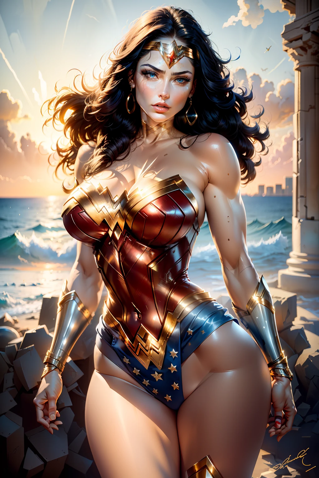 Sexy figure,(masterpiece), best quality, (extremely detailed),(watercolor), illustration, (hero view),(1girl:1.4), (arms squeezing breast, big breast), (large breasts:1.2), (underboob:1.2), A Wonder Woman, (intricate detail, makeups), (detailed beautiful delicate face, fine beautiful delicate eyes, a face of perfect proportion), (Glossy skin: 1.0), fine detailed skin, strong and realistic blue eyes, realistic black hair, lip, makeups, Natural skin texture, tiara, red and gold bustier, blue leotard with white stars, silver bracelets, (Red knee high boots:1.2), golden belt, (Wonder Woman clothing:1.0), bare shoulder, ((light tan skin: 1.4)), mature, Sexy, elastic muscles, (muscular: 1.2), ((strong and healthy body)), (((the more) muscular))), cleavage, Long leg, curved, rib, thin-waist, soft waist, (fine detailed skin), (beautiful and sexy woman), (swollen lips: 0.9), (eyelashes: 1.2), very delicate muscles, perfect body figure, perfect anatomy , perfect details, perfect fingers, perfect limbs, thigh gaps, (perfect hand: 1), beautiful eyes, (disheveled hair ), photography, by loish, art by loish, watercolour, professional, bokeh,