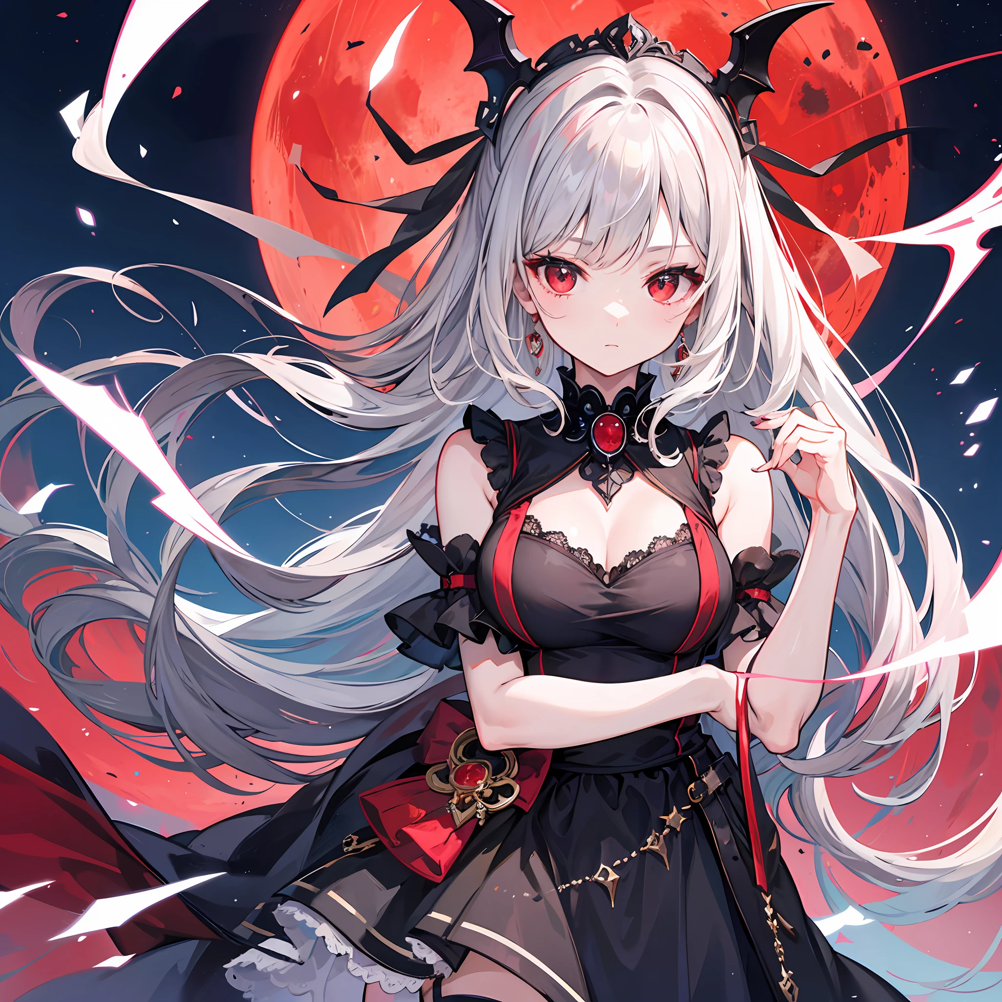 One girl with gray hair、red eyes、vampire、doress、Red Moon、midnight