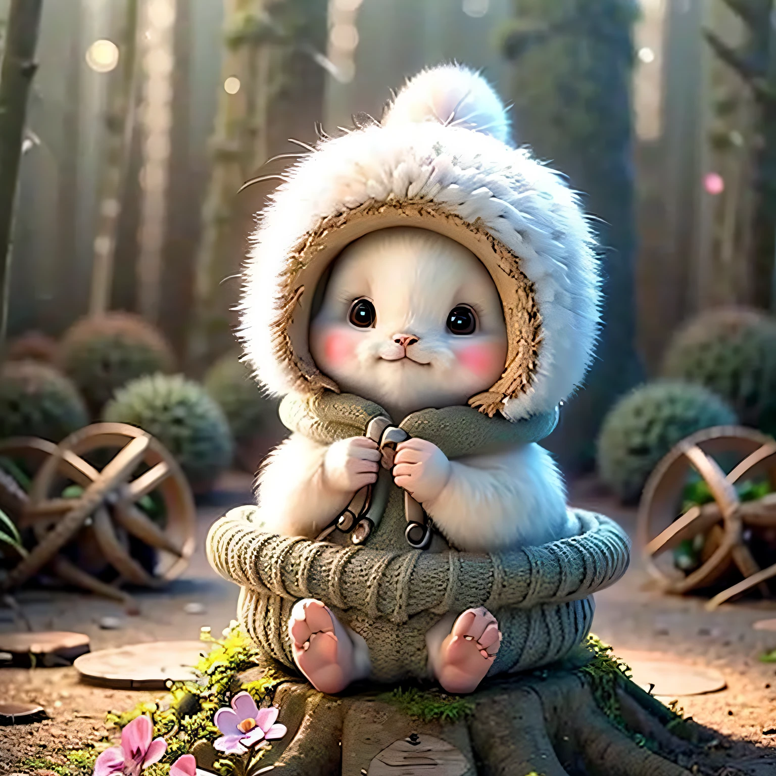 holding camera, tree_stump, flowers, adorable , fluffy, photorealistic, soft lighting,